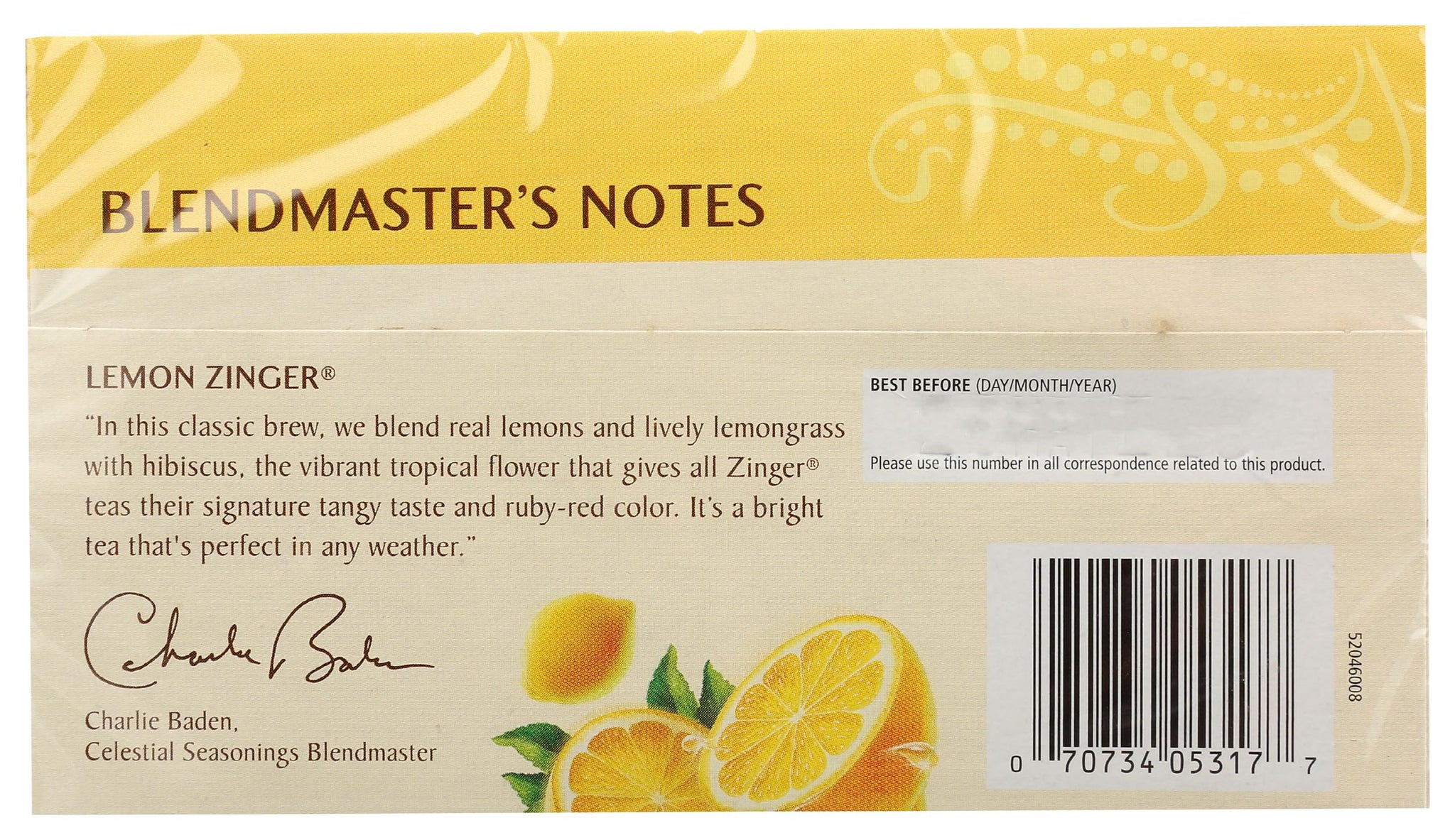 Celestial Seasonings 100% Natural Lemon Zinger Herbal Tea 20 ct