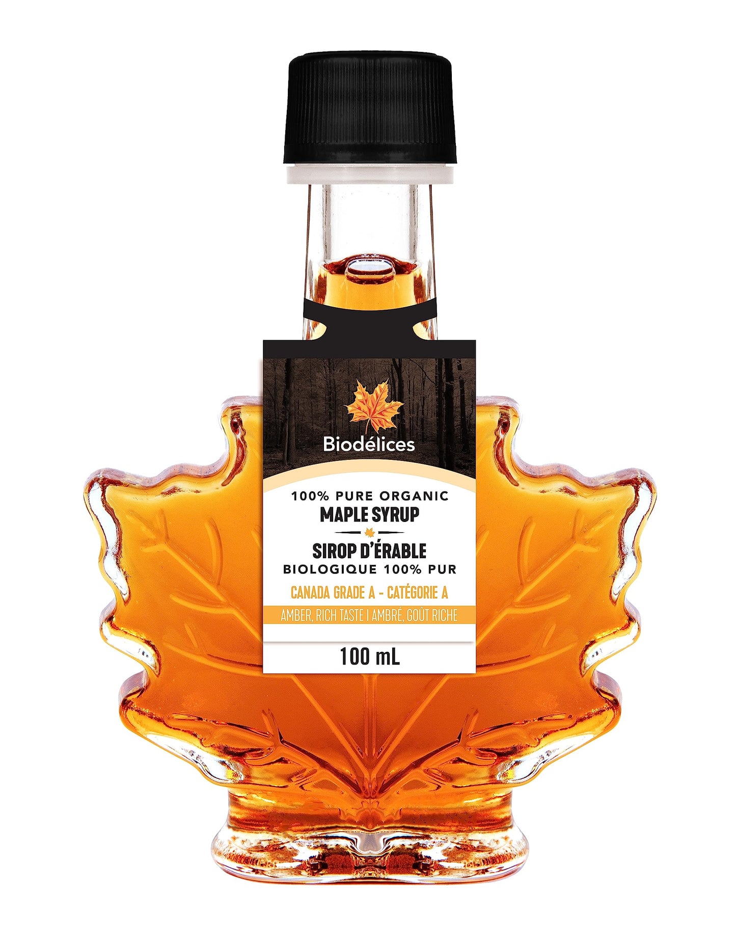 100% Pure Organic Maple Syrup - Premium Grade A - Quebec's Finest in Elegant Maple Leaf Bottle from Biodélices (3.38 Fl Oz (Pack of 1), Maple (CA