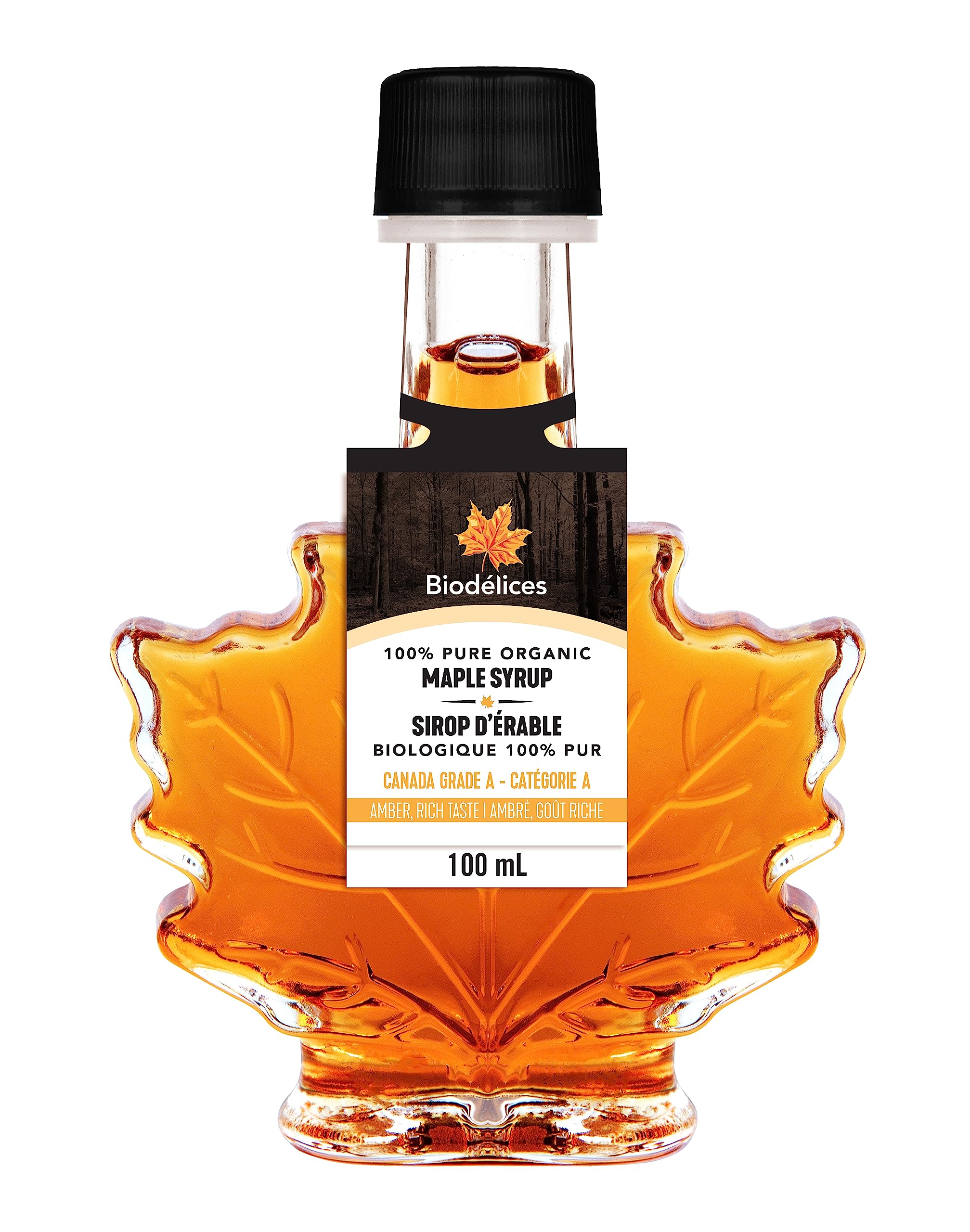 100% Pure Organic Maple Syrup - Premium Grade A - Quebec's Finest in Elegant Maple Leaf Bottle from Biodélices (3.38 Fl Oz (Pack of 1), Maple (CA