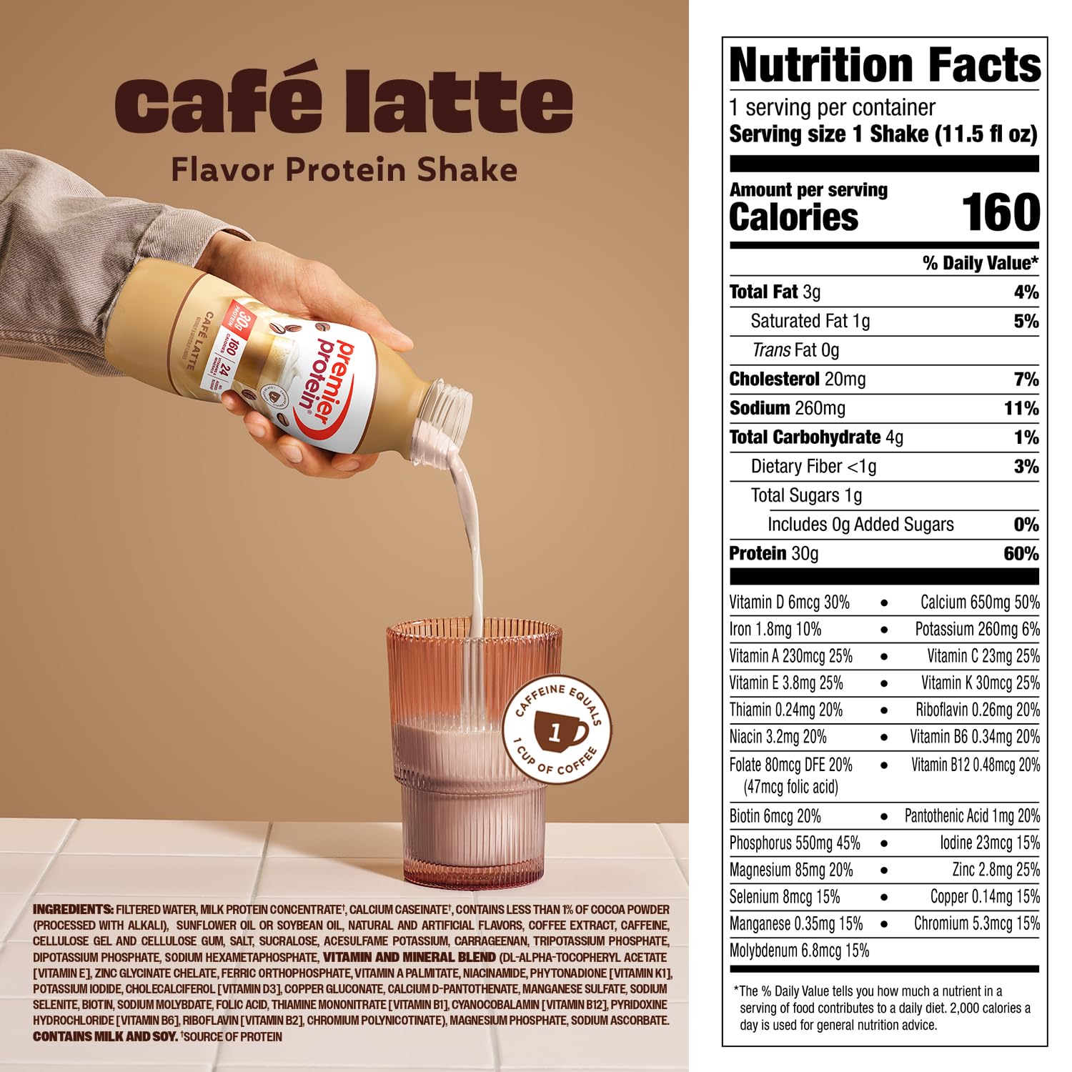 Premier Protein Shake, Café Latte, 30g Protein, No Added Sugar, 24 Vitamins & Minerals to Support Immune Health, 11.5 fl oz, 12 Pack