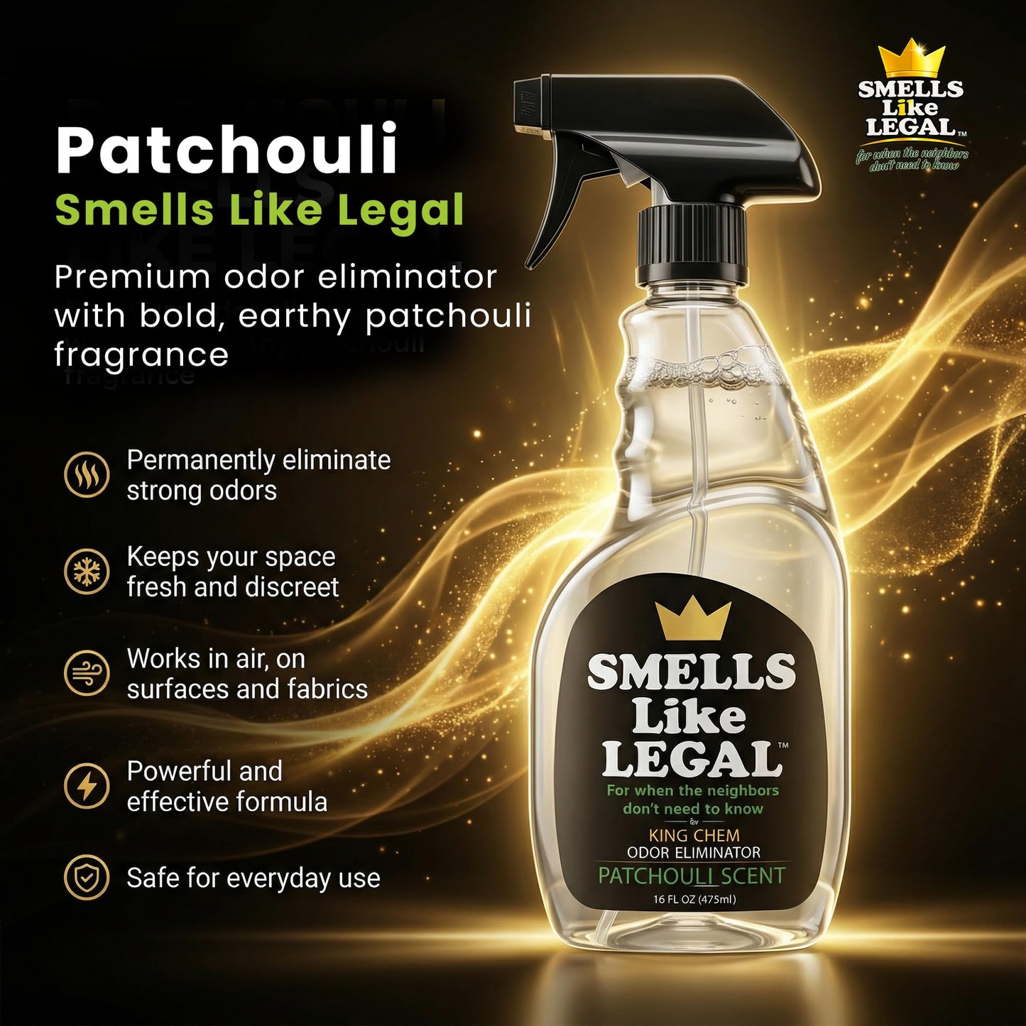 Smells Like Legal™ Patchouli Odor Eliminator Spray - Powerful Commercial-Grade - Eliminates Smoke, Pet & Food Odors at source - Fabric-Safe
