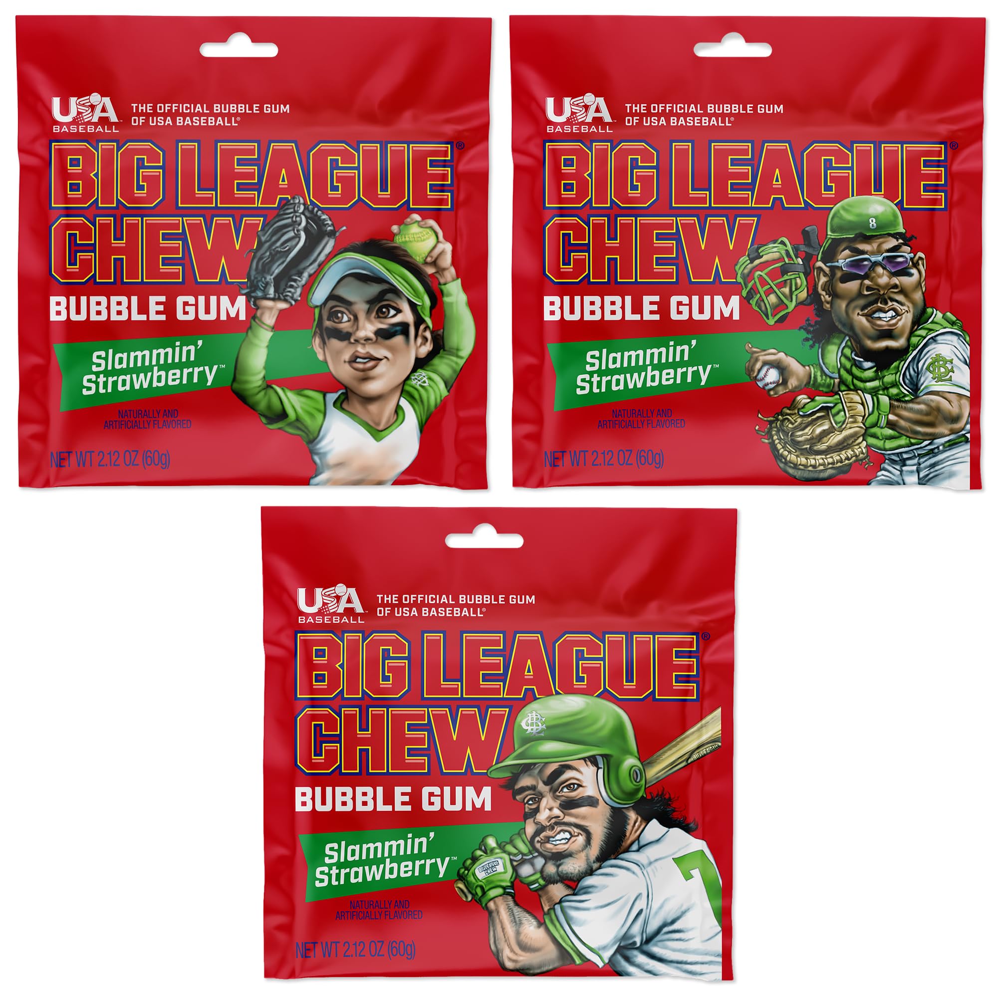 Big League Chew Strawberry Bubble Gum 3-Pack - 2.12oz Packets - Slammin’ Strawberry Baseball Gum - Big League Chew Baseball Candy Set for Treats