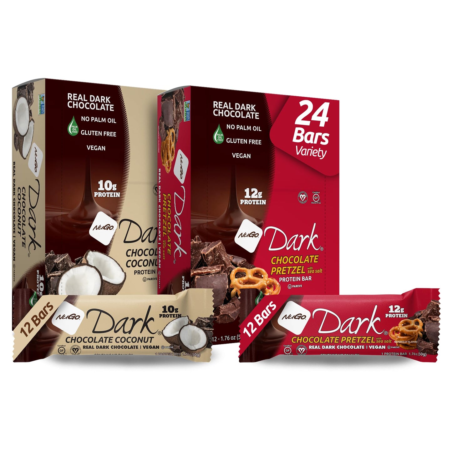 NuGo Dark Variety - Pretzel with Sea Salt 12 Bars & Dark Coconut 12 Bars, 10-12g Protein Bar, Vegan, Gluten Free, Non-GMO, Kosher Pareve, 24 Count