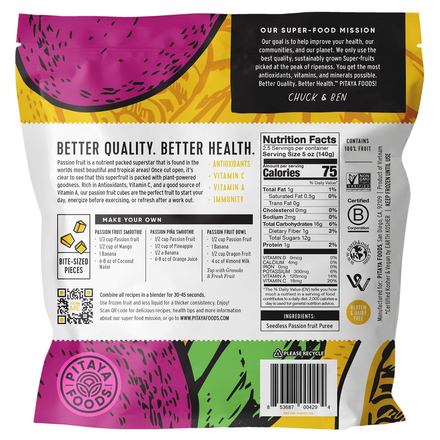 Pitaya Foods - Frozen Organic Passion Fruit Bite-Sized Pieces, Pre-Packaged Frozen Fruit, No Added Sugar or Preservatives, Good Source of Fiber, Iron