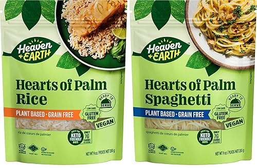 Heaven & Earth Hearts of Palm Rice & Spaghetti Variety Pack, 9 oz (2 Pack) | Ready to Eat | Gusset Pouch | Low-Carb, Keto & Paleo Friendly