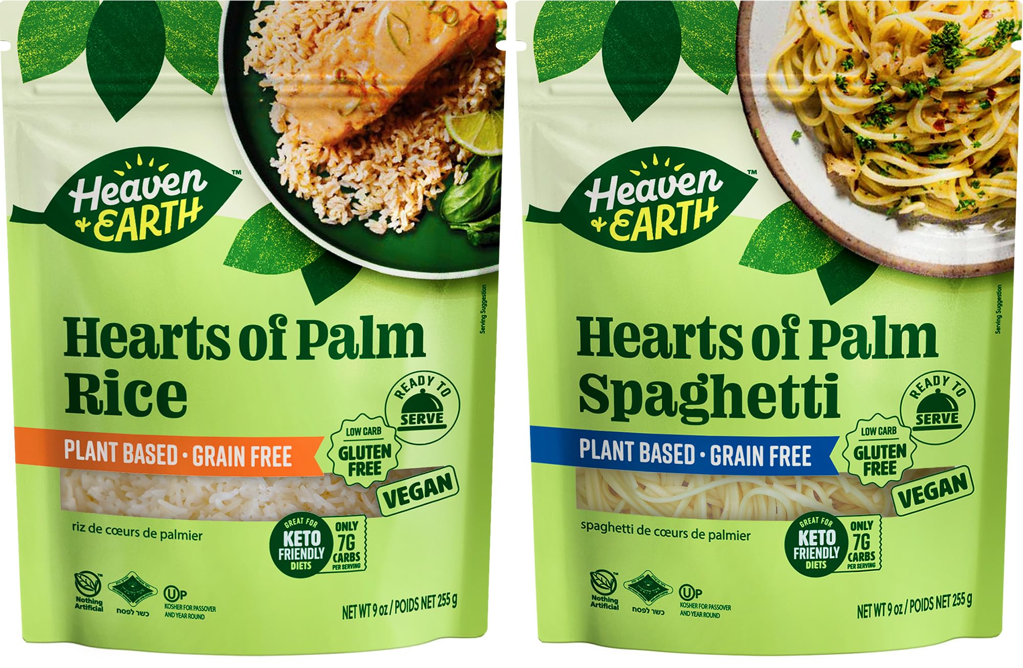 Heaven & Earth Hearts of Palm Rice & Spaghetti Variety Pack, 9 oz (2 Pack) | Ready to Eat | Gusset Pouch | Low-Carb, Keto & Paleo Friendly