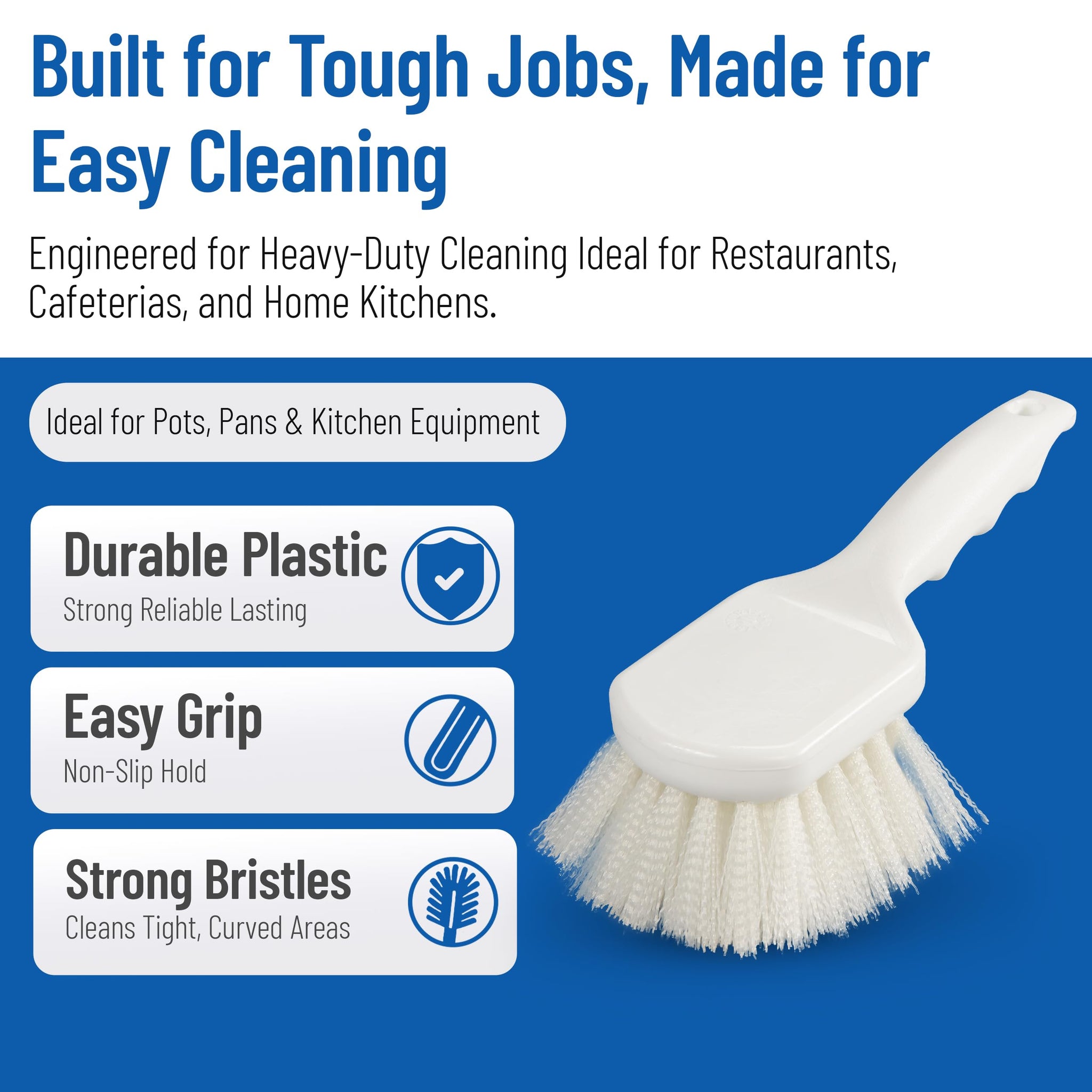 SPARTA Flo-Pac 8" Utility Scrub Brush with 2" Nylon Bristles, Plastic Pistol Grip Handle, Commercial Handheld Cleaning Brush, White