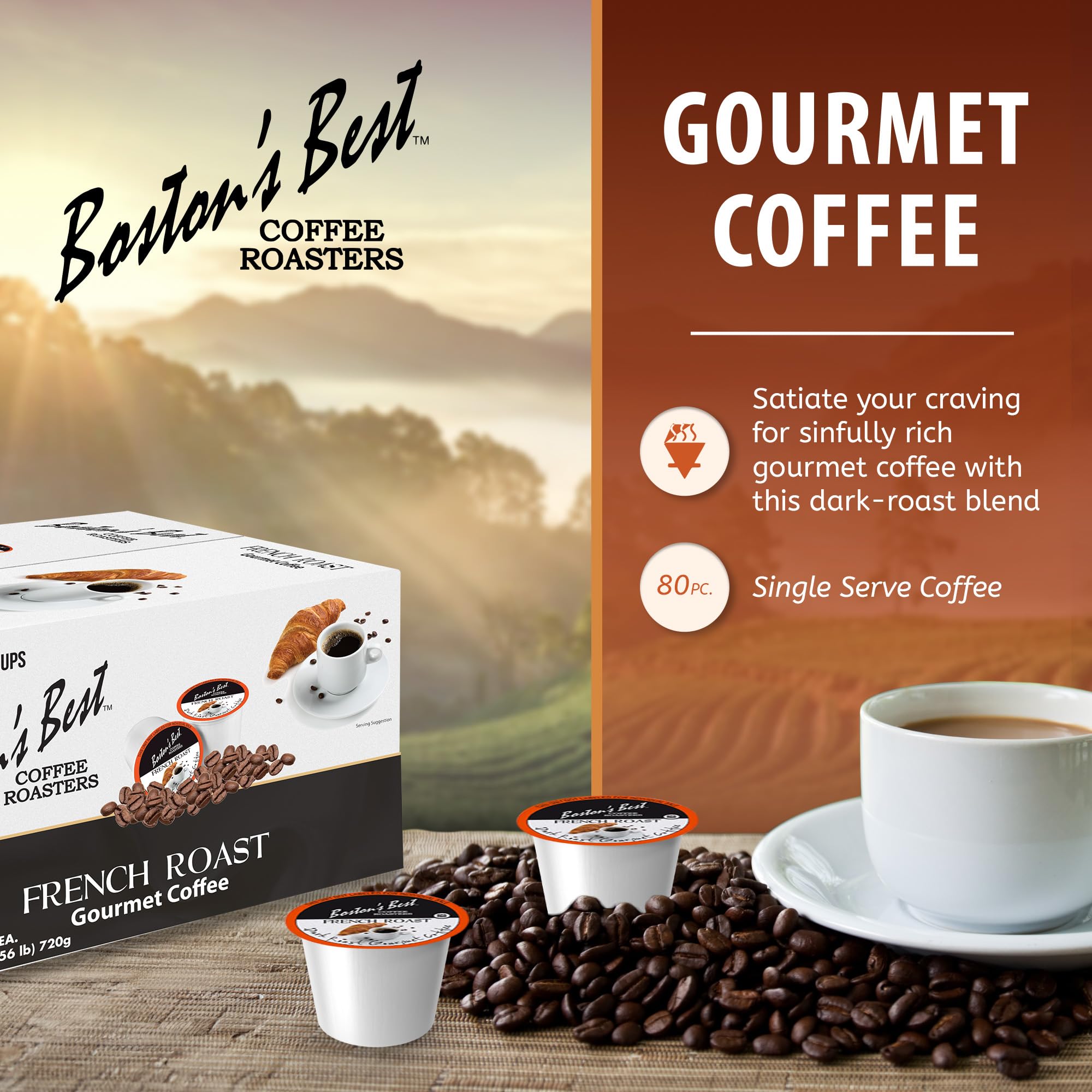 Boston’s Best - Rich & Bold French Roast Gourmet Delectable Dark Roast Coffee, Compatible with Keurig Coffee Maker - 1 Count (80 Single Serve Cups)
