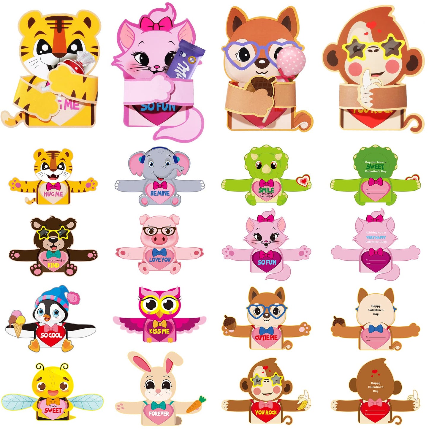 Zonon 48 Pcs Valentine's Day Candy Cards Holder Gifts Funny Exchange Treat Cards for Valentine Day Party Favor Supplies(Animal Style)