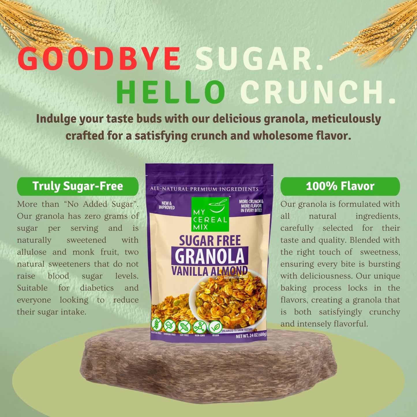 MyCerealMix Sugar Free Vanilla Almond Granola - 6 Pack (144oz Total) - Healthy Breakfast Cereal - Gluten Free, Diabetic Friendly - Family Size - Monk