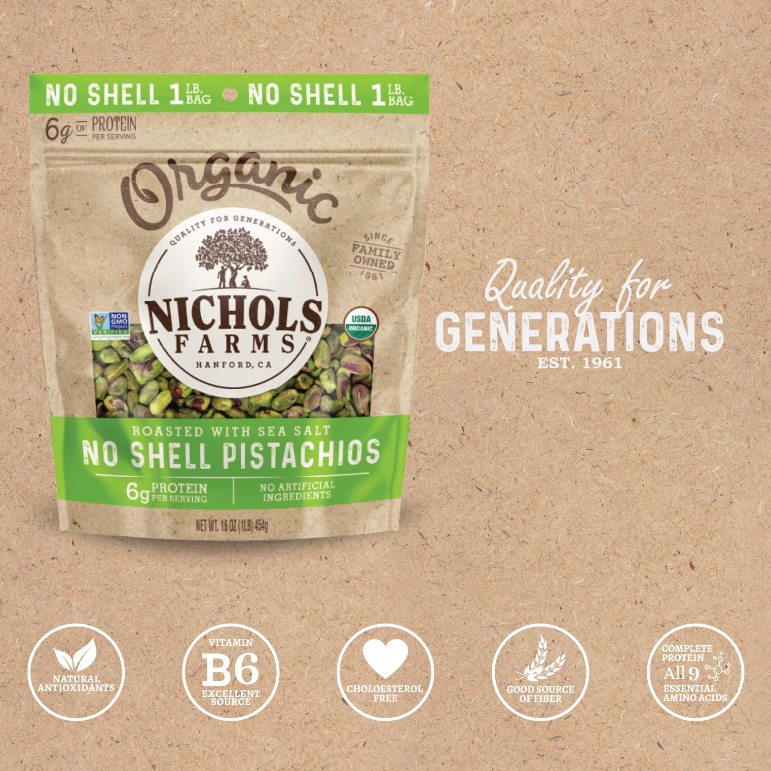Nichols Farms Organic No Shell California Pistachios, Healthy Protein Snack, Roasted Sea Salt, 1LB