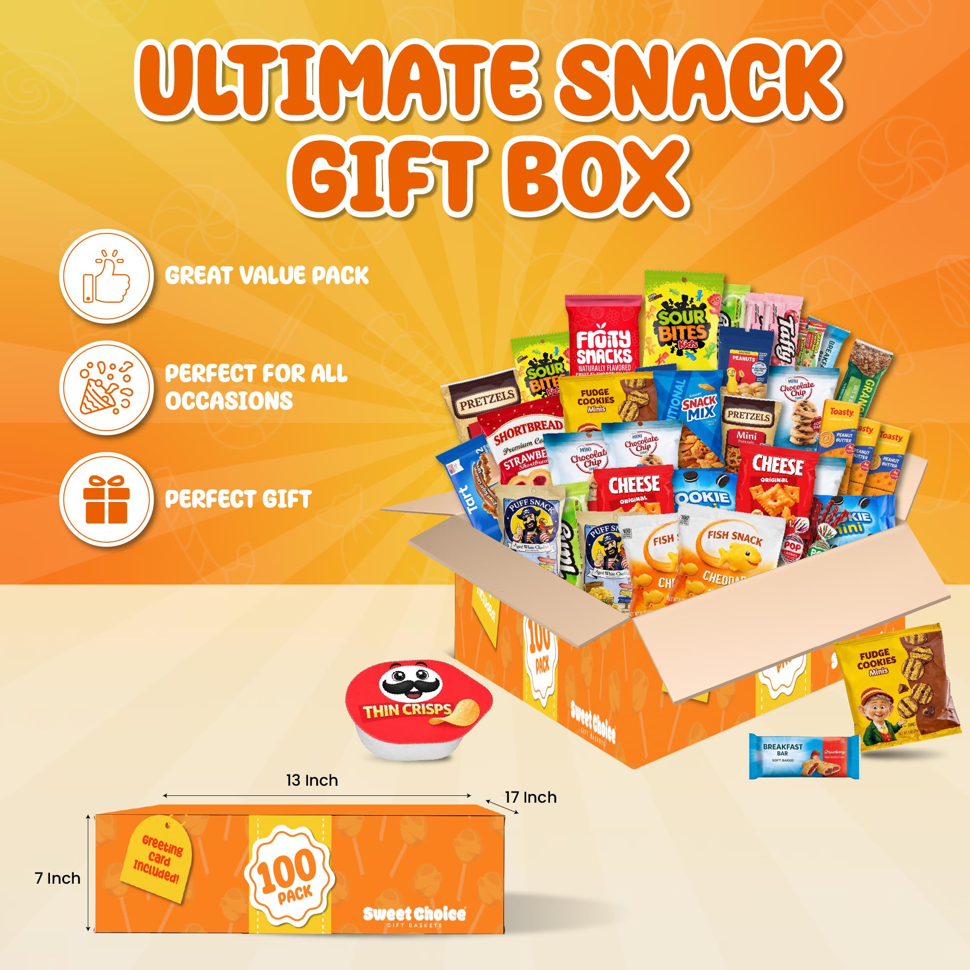 Snacks Variety Pack for Adults, Kids & Teens (100 Count) - Snack Box Variety Pack with Chips, Cookies & Bars - Bulk Snacks Gift Box, Care Package