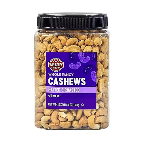 Wellsley Farms Whole Fancy Salted and Roasted with Sea Salt. Whole Cashews, 42 oz. Tub. Certified Kosher