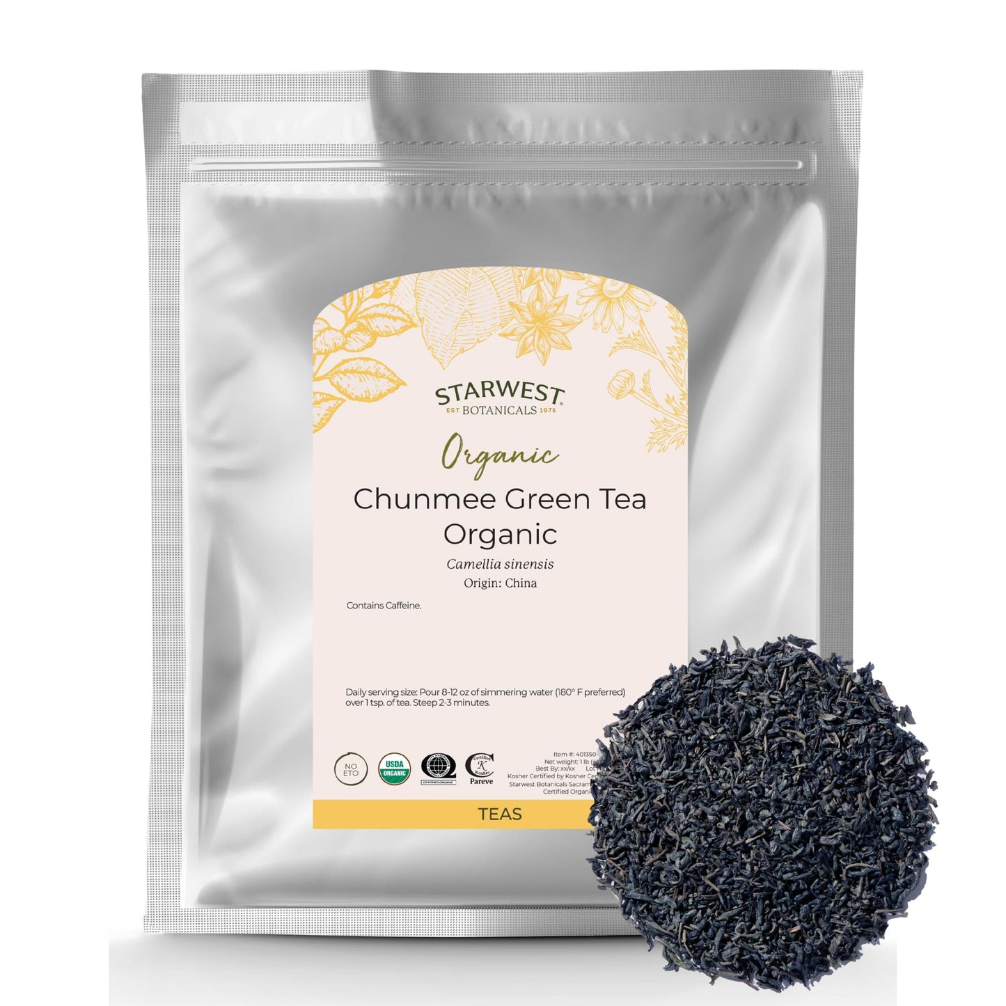 Starwest Botanicals Organic Chunmee Green Tea - Loose Leaf Green Tea, Pan Fried Leaves, Bulk Pack, Caffeinated, Sweet Flavor, Certified Kosher