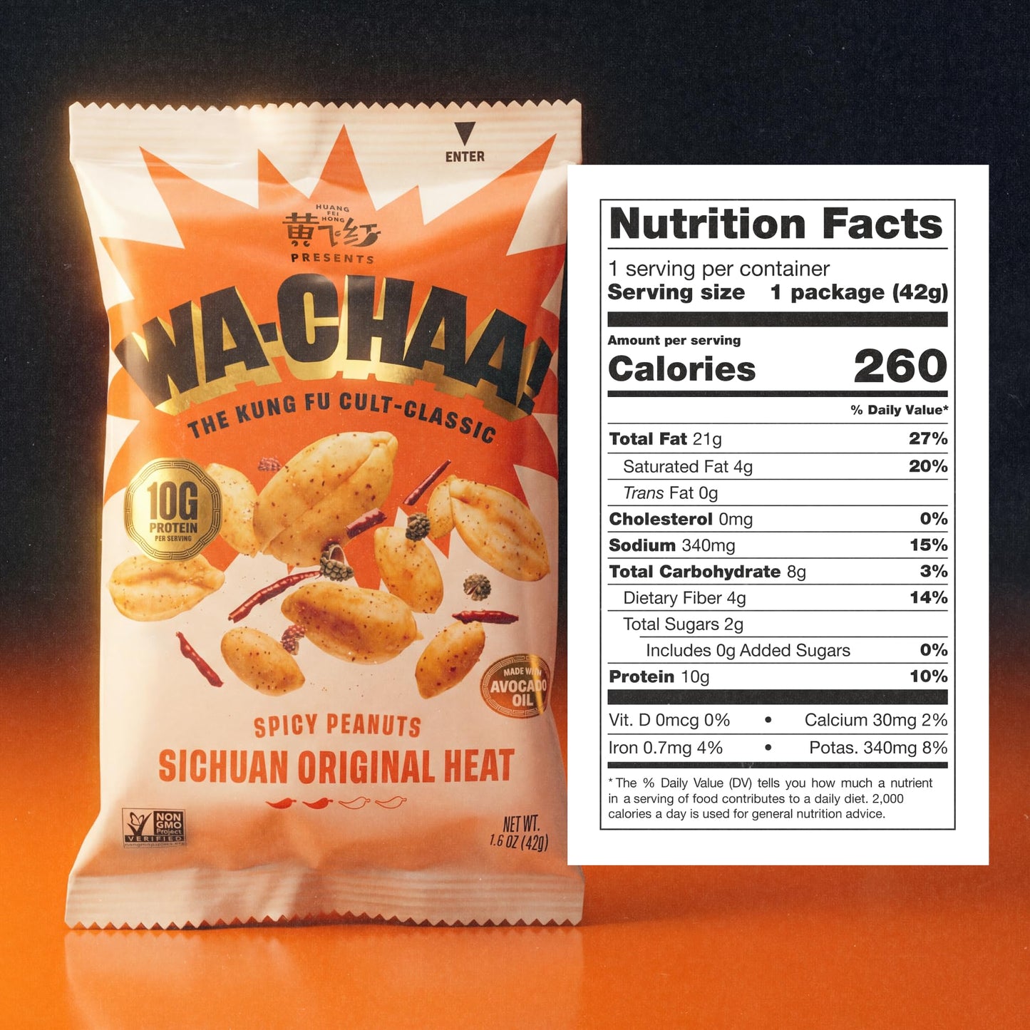 WA-CHAA! Spicy Sichuan Peanuts - Numbing Mala Peppercorns, Toasted Chili Flakes, Avocado Oil, Whole-Food Protein, Party Snacks, Non-GMO, On-The-Go