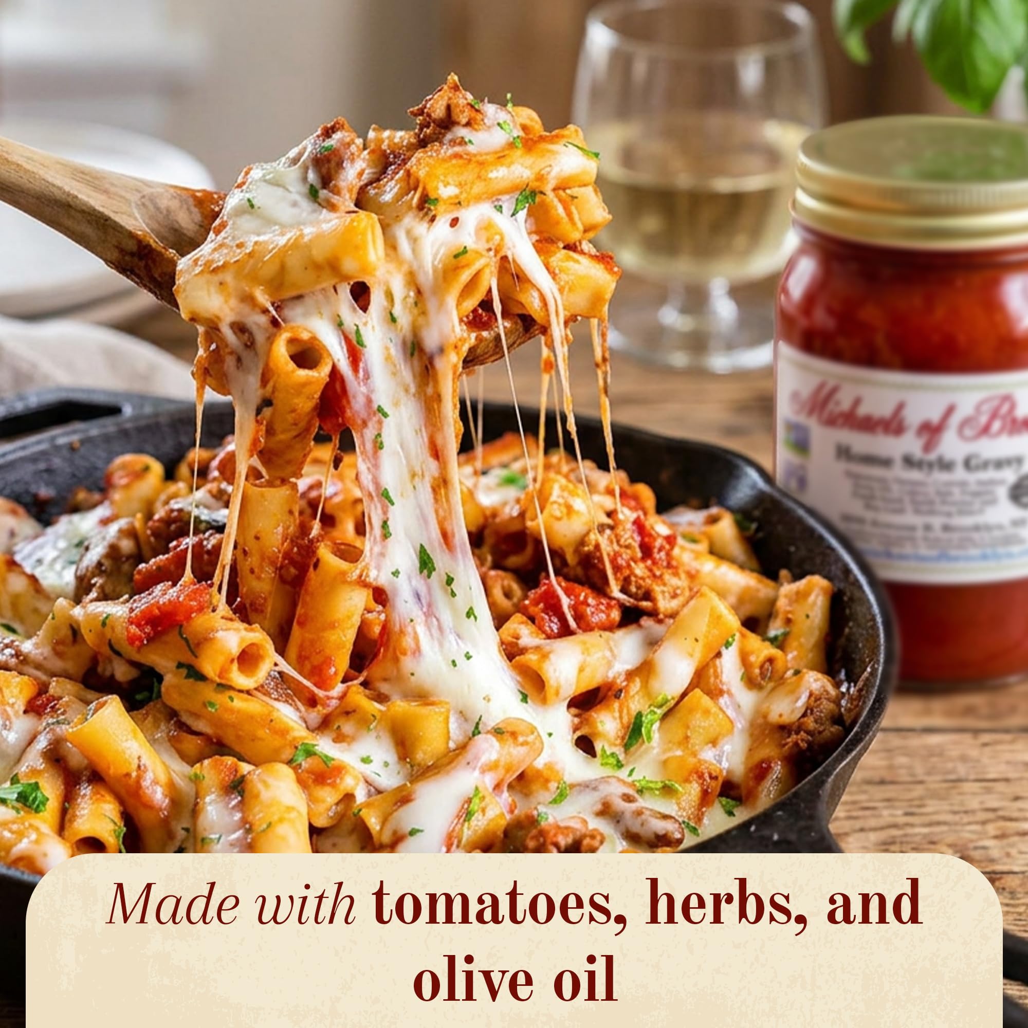 Michaels of Brooklyn Home Style Gravy, 32 oz with Spoon - Pasta Sauce Jar with Imported Italian Tomatoes, Fresh Basil & Parsley - Non-GMO, Certified