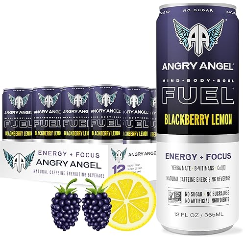Angry Angel Blackberry Lemon Natural Energy + Focus Drink (12 count) - Zero Sugar - Natural Caffeine from Yerba Mate - CoQ10 - B Vitamins - 12 oz Cans
