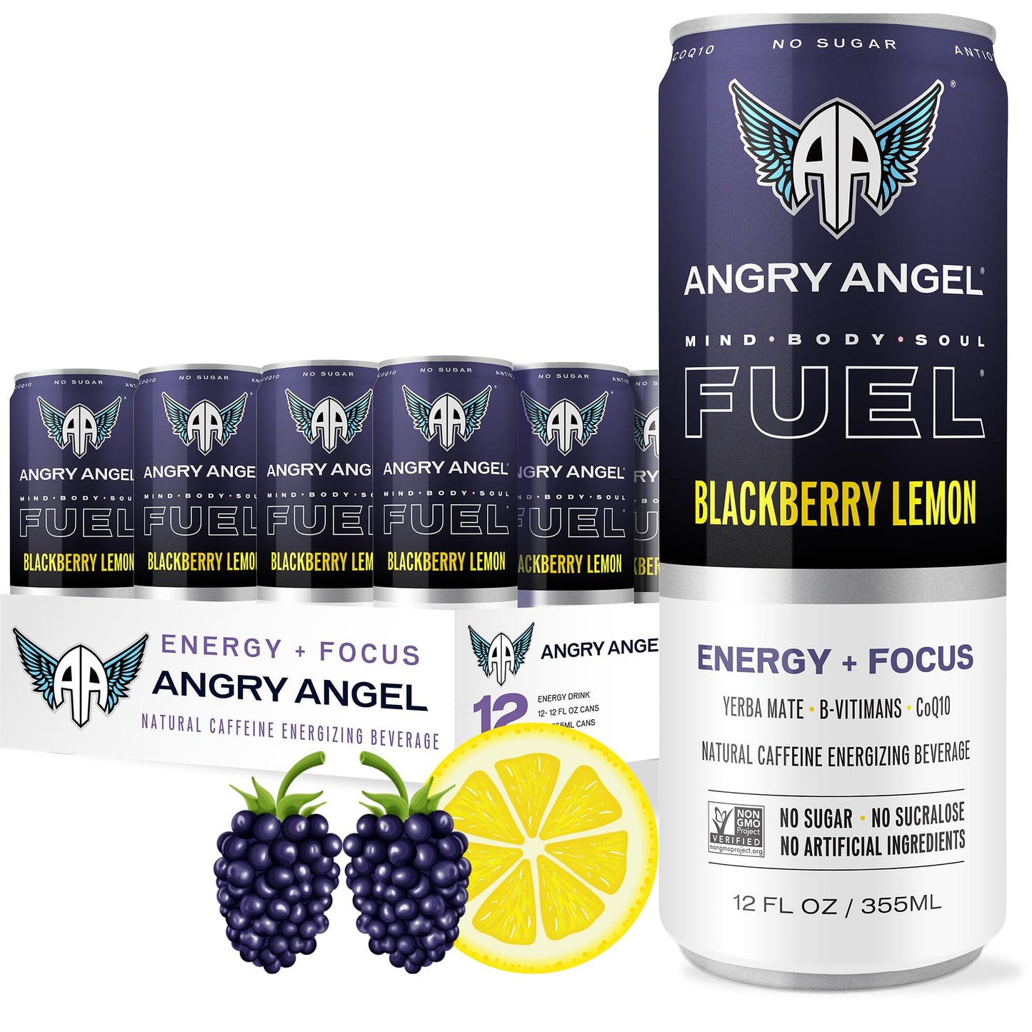 Angry Angel Blackberry Lemon Natural Energy + Focus Drink (12 count) - Zero Sugar - Natural Caffeine from Yerba Mate - CoQ10 - B Vitamins - 12 oz Cans