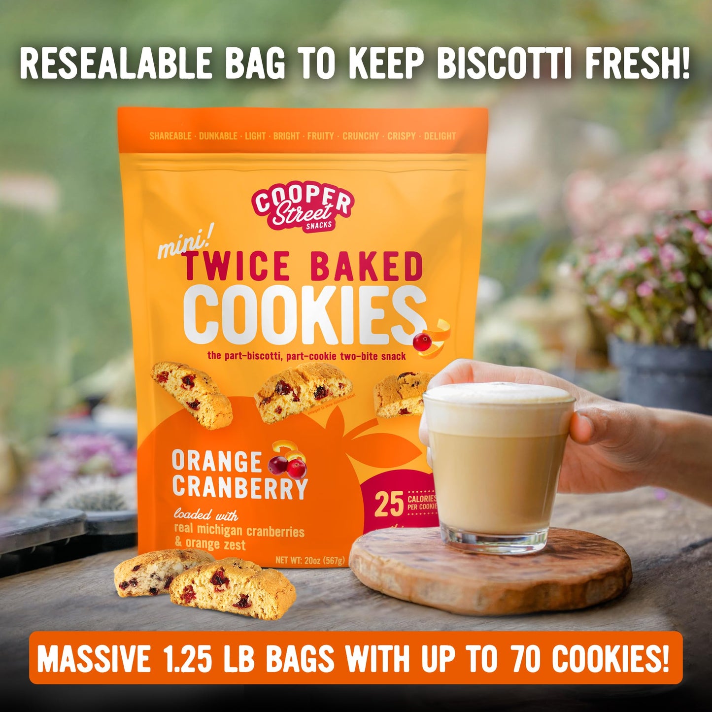 Cooper Street Twice Baked Orange Cranberry Biscotti Cookies - 1.25 Lb - Light and Crispy Coffee Cookie Bites - Low Calorie Italian Snacks for Adults