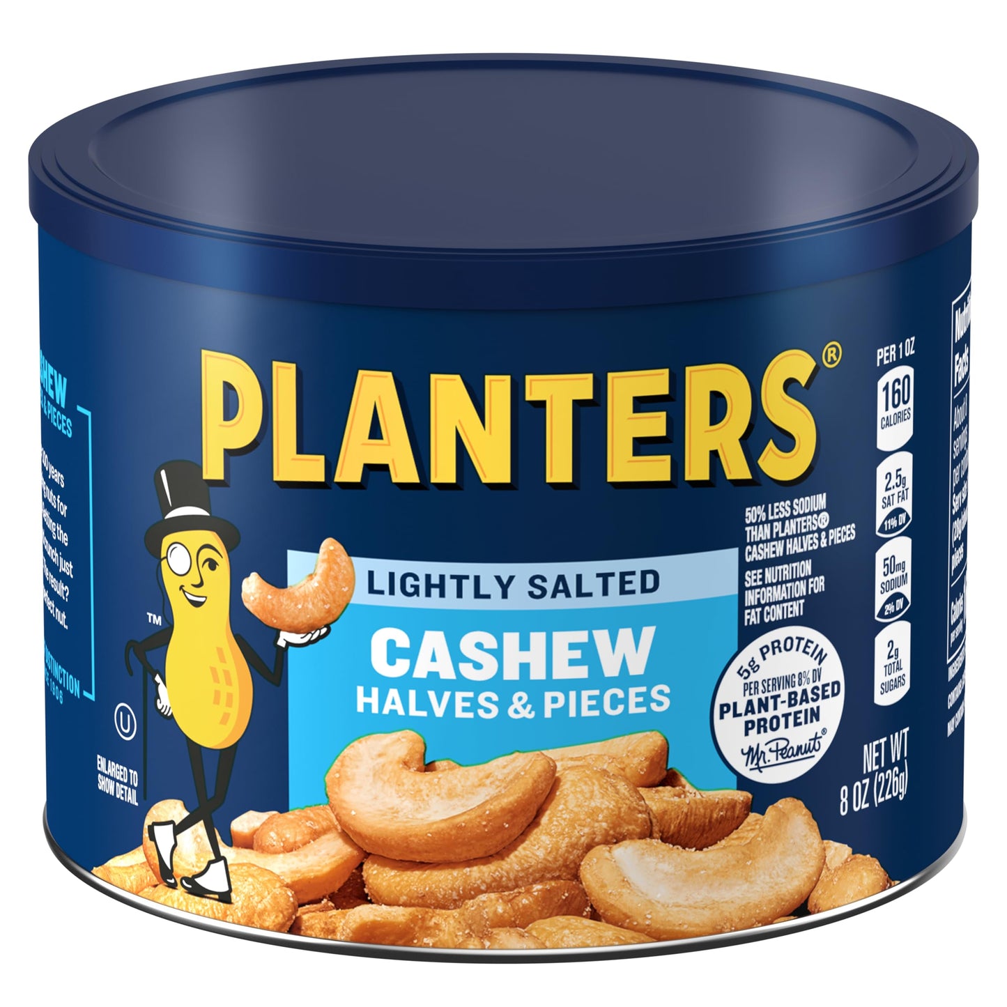 PLANTERS Lightly Salted Cashews, Cashew Halves & Pieces, Plant-Based Protein, 8 Oz Canister, Great Party Snack