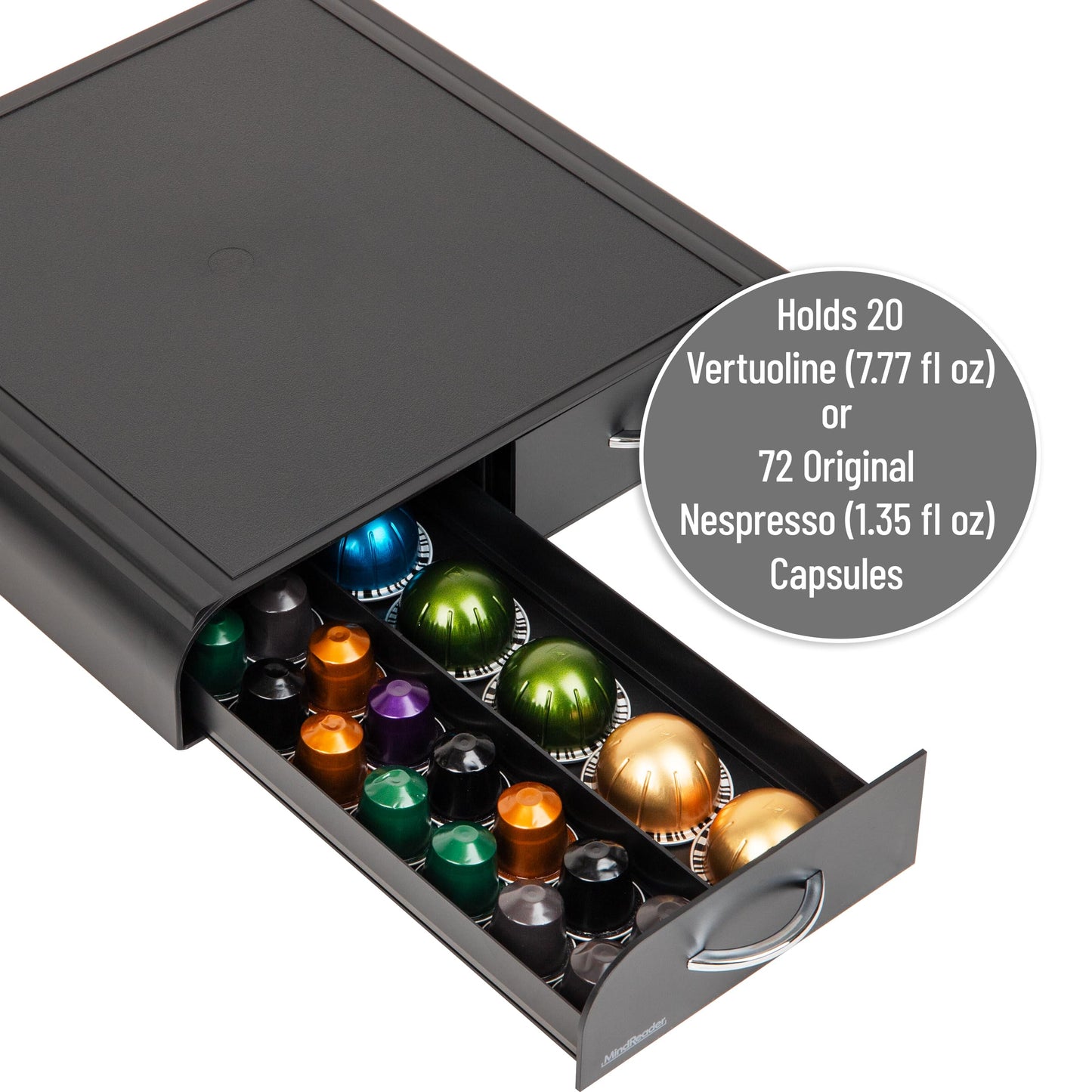 Mind Reader Single Serve Coffee Pod Organizer with 2 Drawers, Plastic, 13.25"L x 12.75"W x 2.5"H, Black