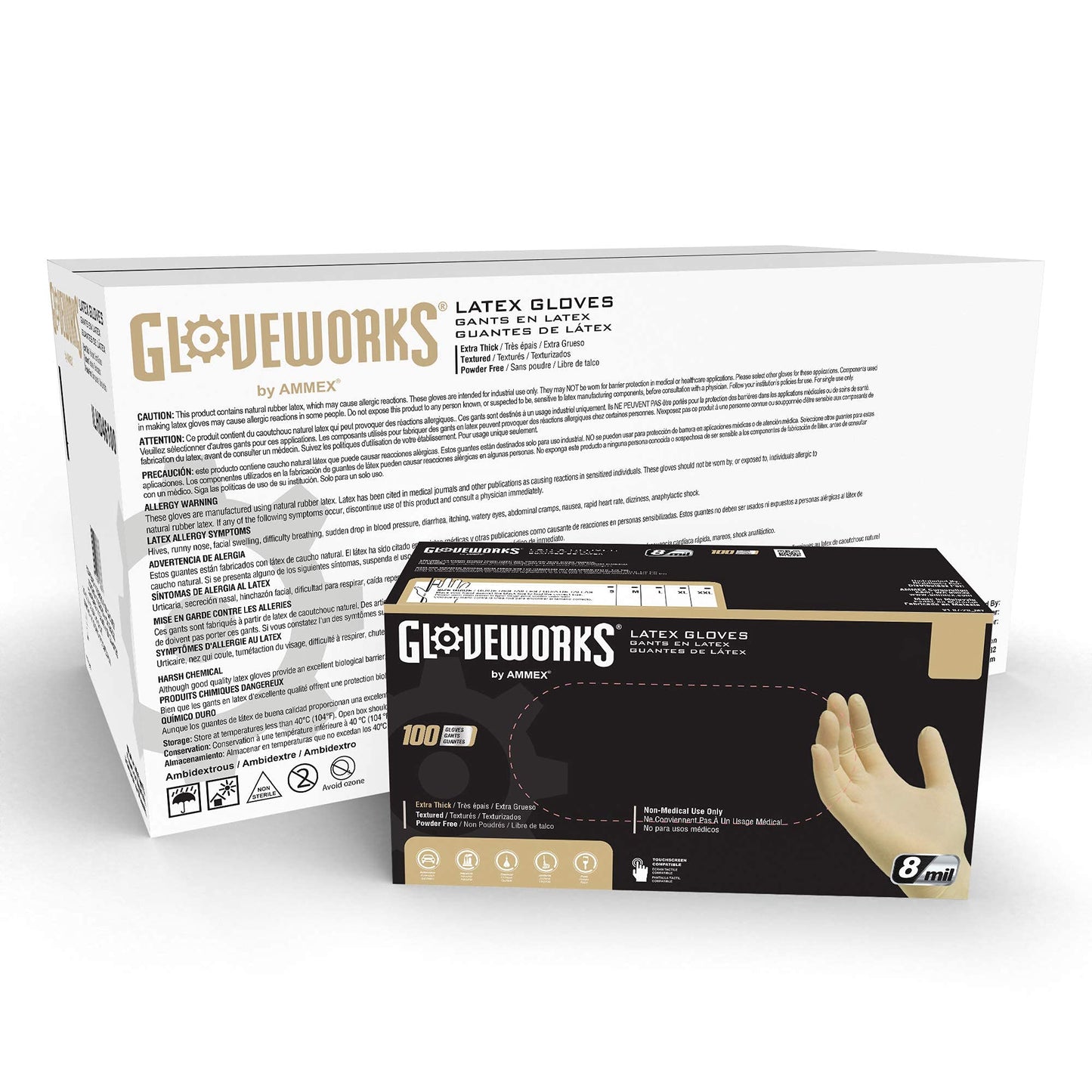 GLOVEWORKS HD Ivory Latex Industrial-Grade Disposable Gloves, 8 Mil, Powder-Free, Double Chlorinated, Small, Box of 100