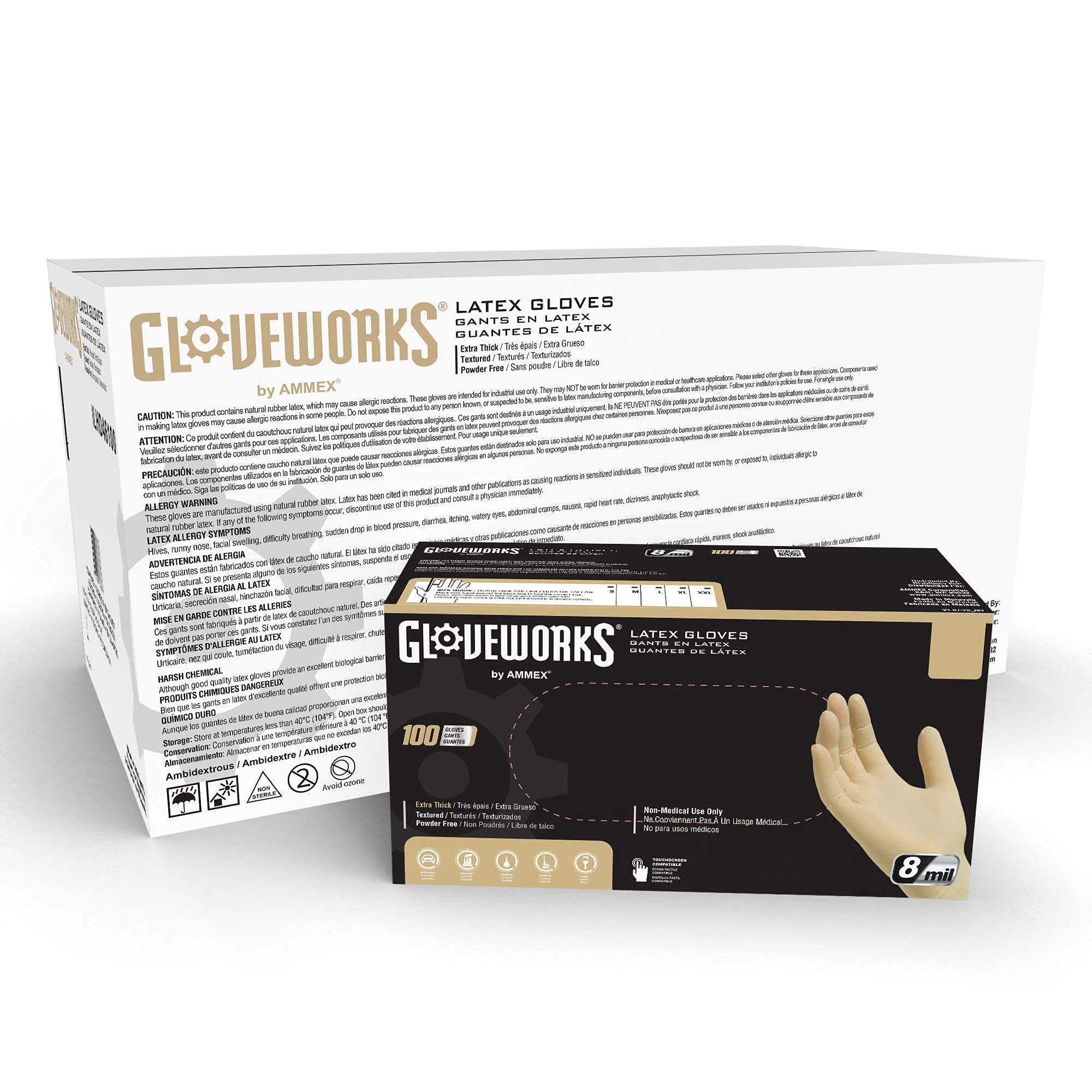 GLOVEWORKS HD Ivory Latex Industrial-Grade Disposable Gloves, 8 Mil, Powder-Free, Double Chlorinated, Small, Box of 100