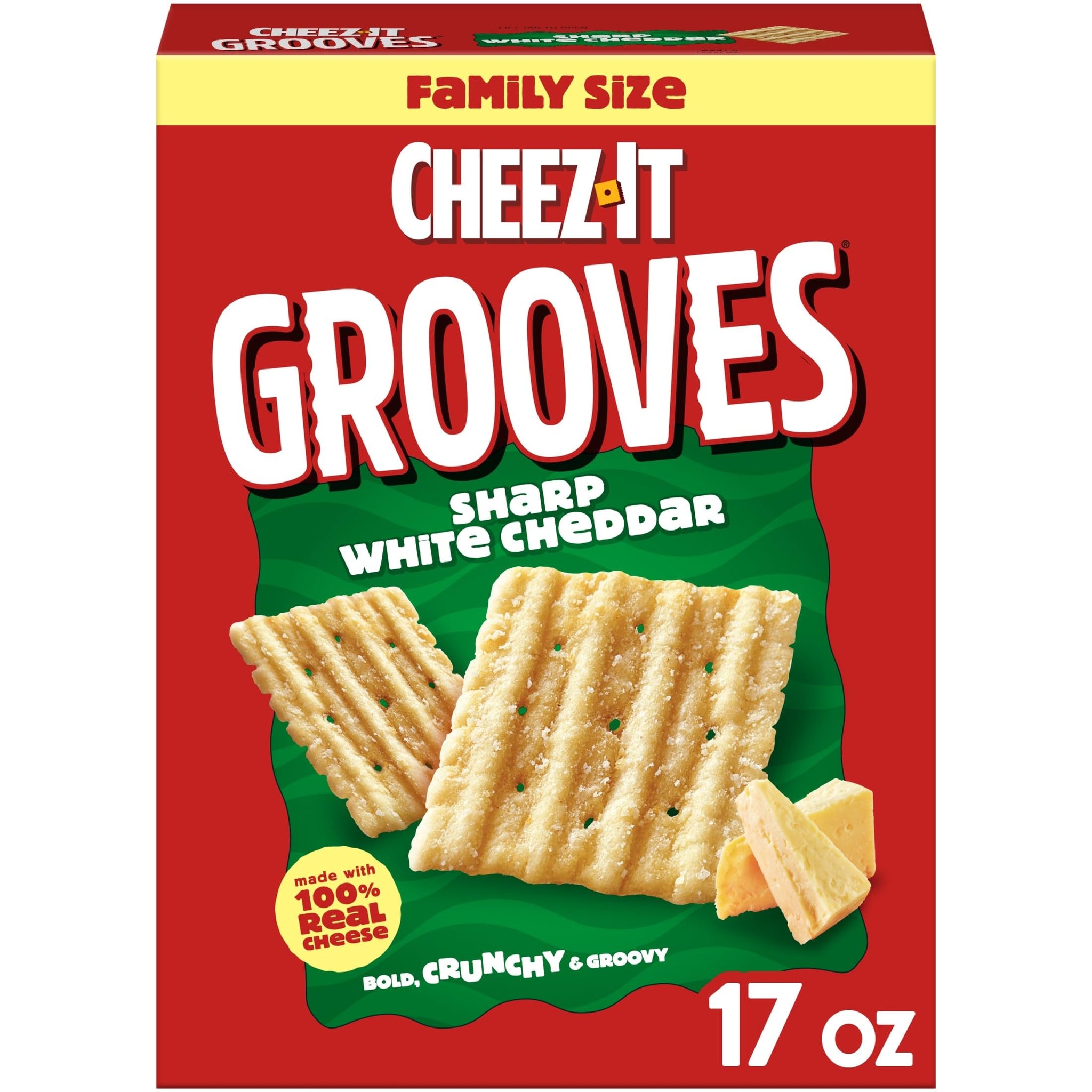 Cheez-It Grooves Crunchy Cheese Crackers, Snack Crackers, Lunch Snacks, Family Size, Sharp White Cheddar, 17oz Box (1 Box)