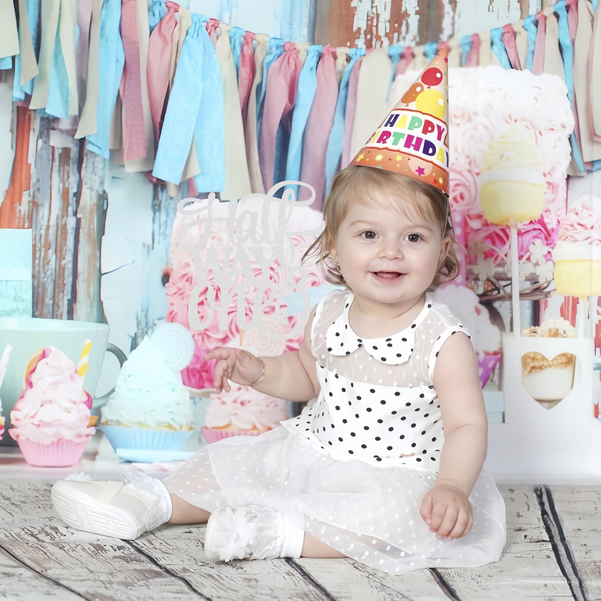 AHAORAY Half Way To One Cake Topper - Silver Glitter 6 Months Birthday Decorations Supplies - Half Birthday Decorations Baby Girl, for Baby