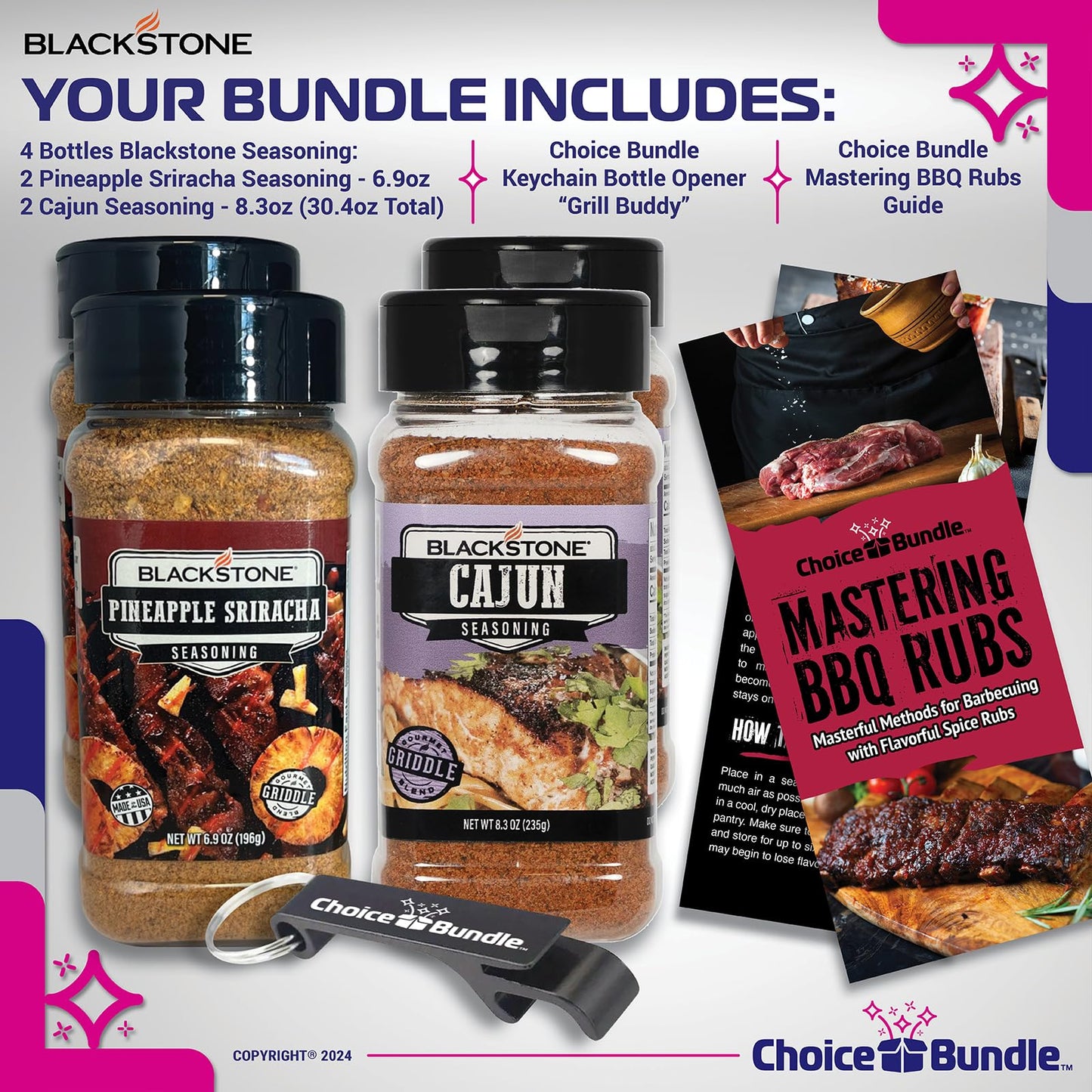 Blackstone Pineapple Sriracha & Cajun Seasoning - Gourmet Griddle Premium BBQ Barbecue Rub 4 Pk Choice Bundle (30.4 oz) + BBQ Guide & Bottle Opener (6