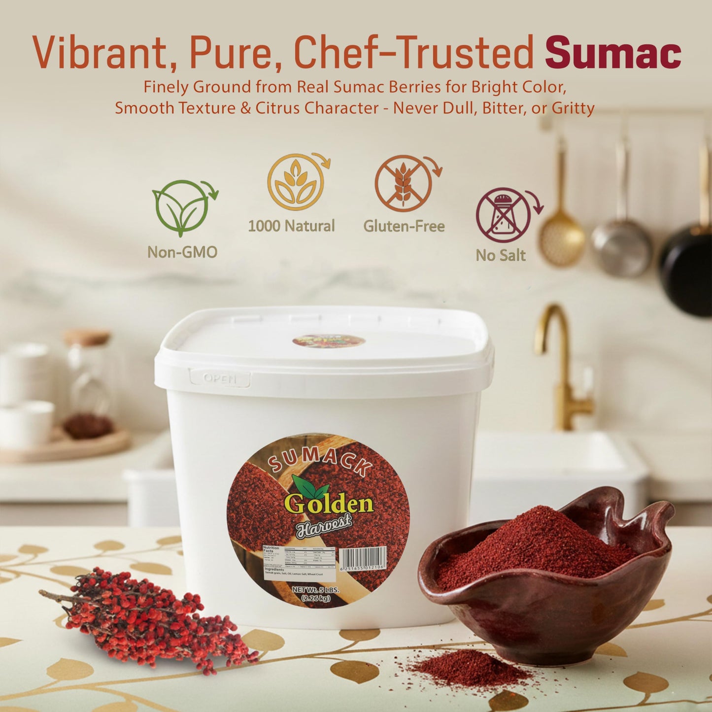 Golden Harvest Sumac Spice Powder | Non GMO | Tangy Lemon Like Taste | Ground Sumac Spice | Perfect For Seasoning, Salads, Marinades, Mediterranean