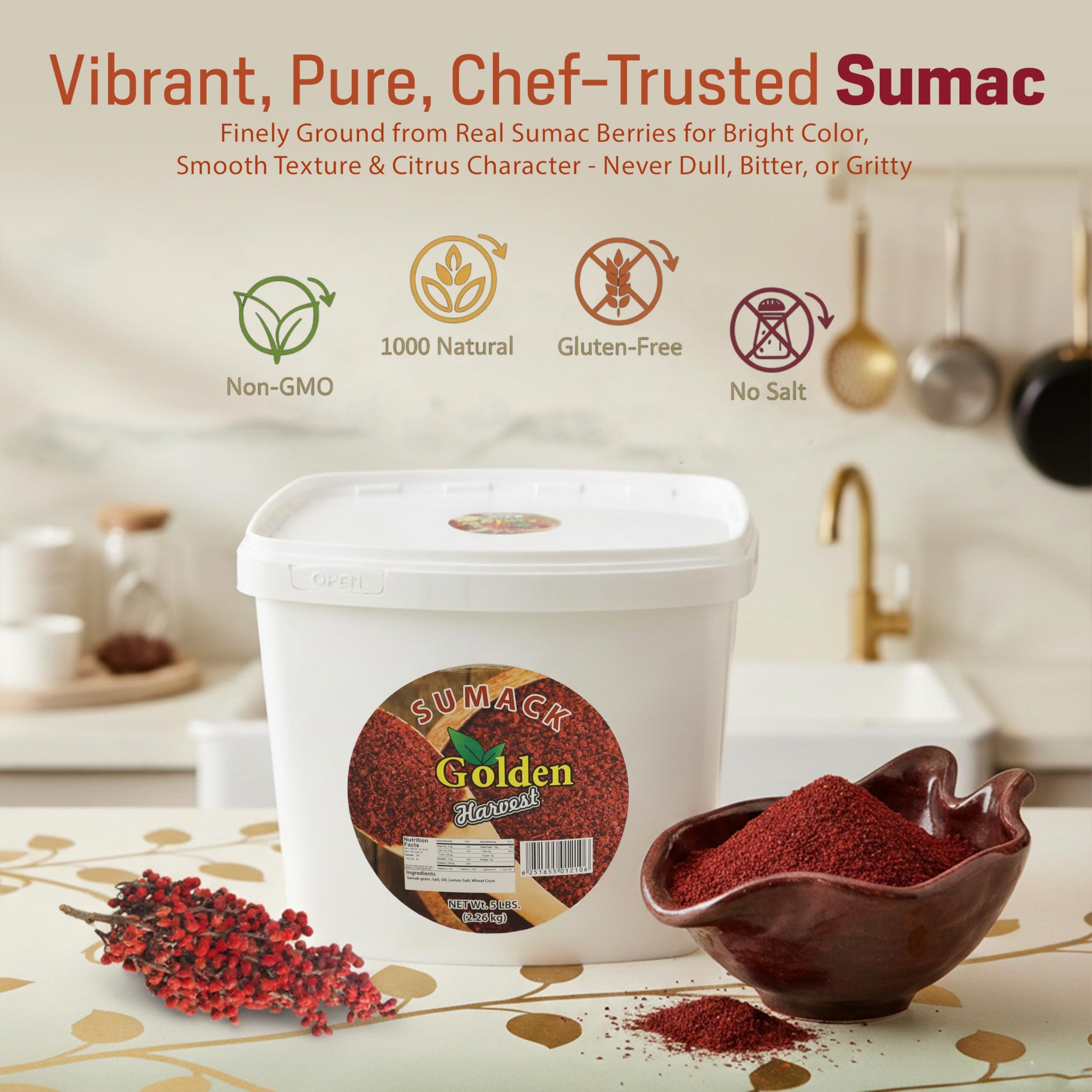 Golden Harvest Sumac Spice Powder | Non GMO | Tangy Lemon Like Taste | Ground Sumac Spice | Perfect For Seasoning, Salads, Marinades, Mediterranean