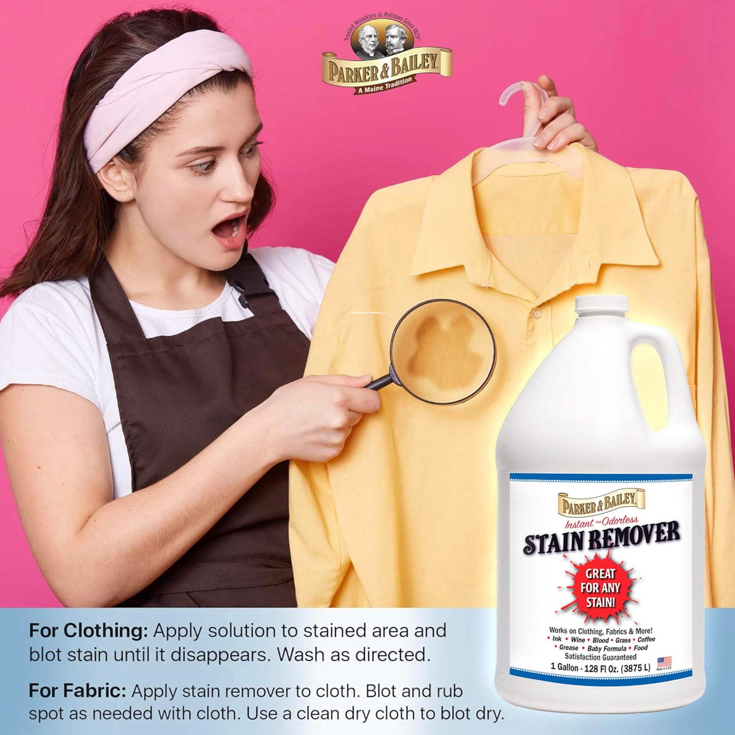Parker & Bailey Liquid Stain Remover - Instant Stain Removal on Laundry Clothing Fabric Ink Grease Blood Grass Coffee Wine Food Carpet Upholstery Spot