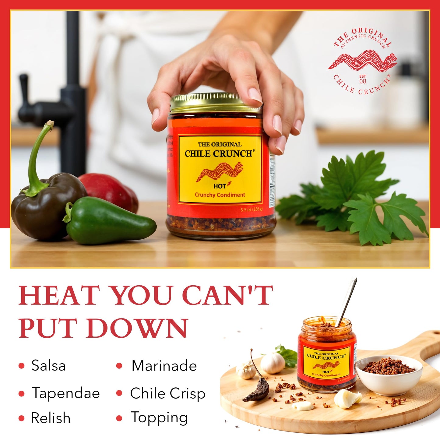 CHILE CRUNCH - Hot Spicy Crunchy Condiment - All Natural Roasted Chili Peppers, Garlic & Onion Crisp Sauce - Vegan, Gluten-Free, No Preservatives