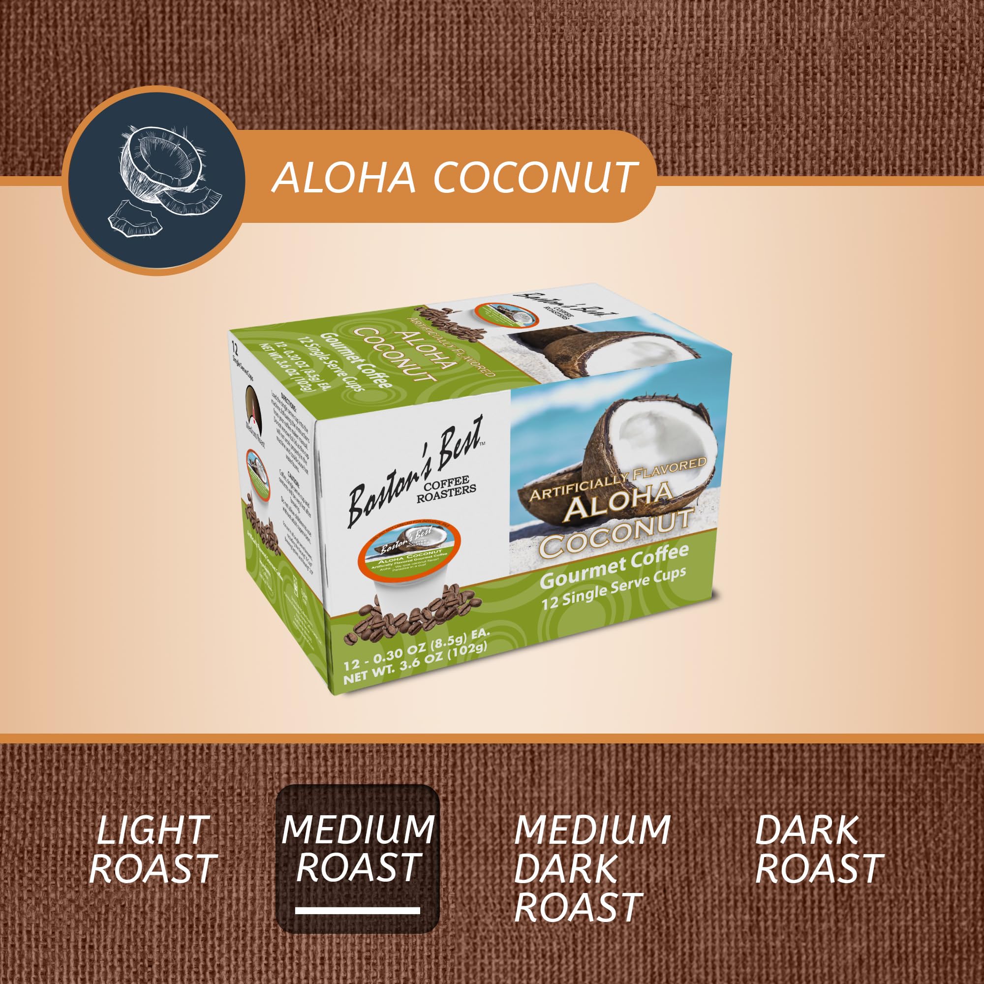 Boston’s Best - Aloha Coconut Medium Roast Gourmet Delicious Flavored Coffee Compatible with Keurig Coffee Maker, 1 Count (12 Single Serve Cups)