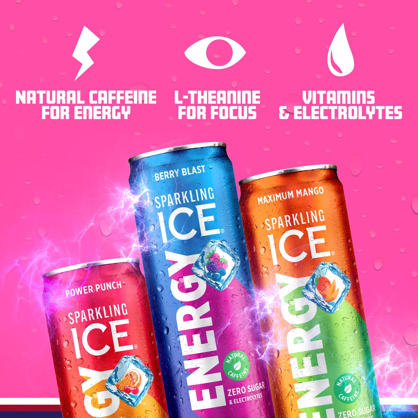 Sparkling Ice Energy Variety 12Pk. Energy Drinks with Vitamins + Antioxidants, Zero Sugar, Berry Blast, Maximum Mango, Power Punch flavors. 12 fl oz