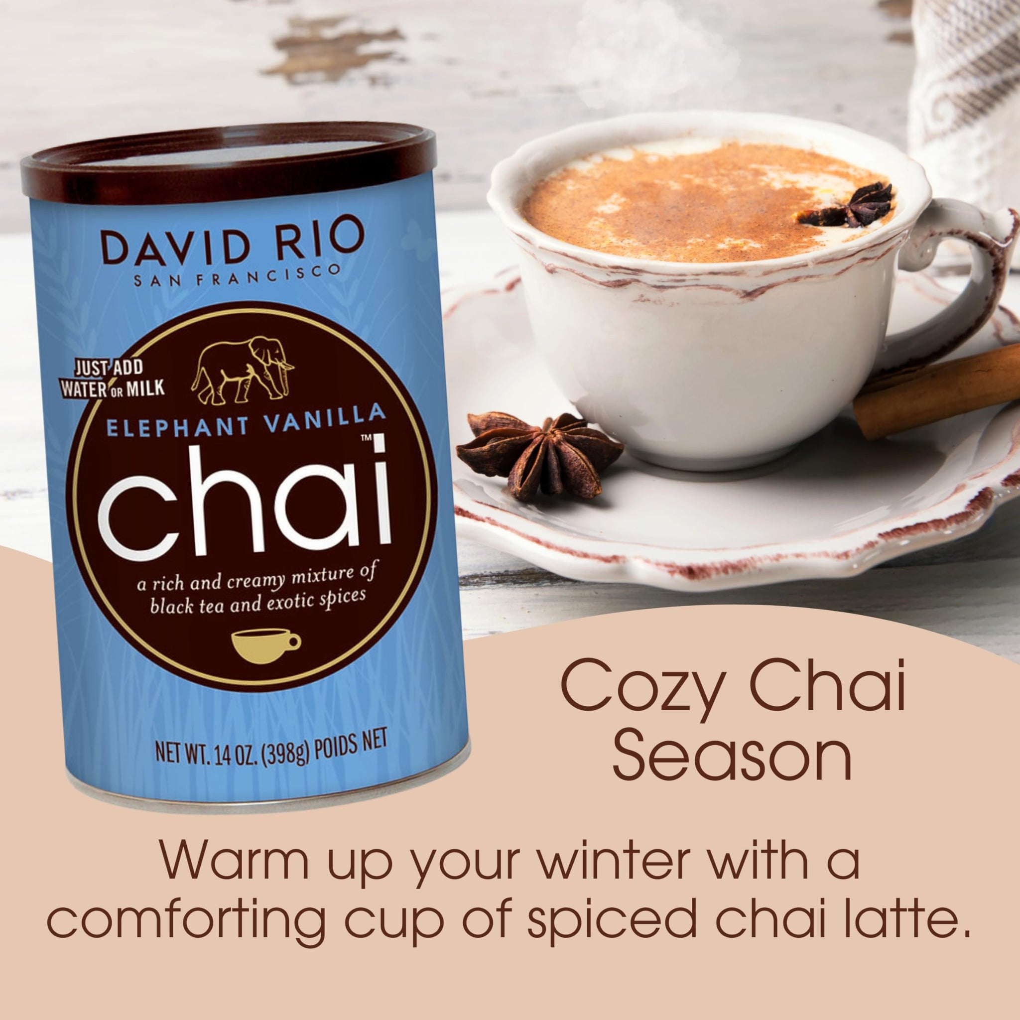 Elephant Vanilla Chai Tea Latte Mix, 14 Oz, Black Tea, Organic Spices, Dairy Free, Serve Hot or Cold, Just Add Water or Milk, 14 Servings