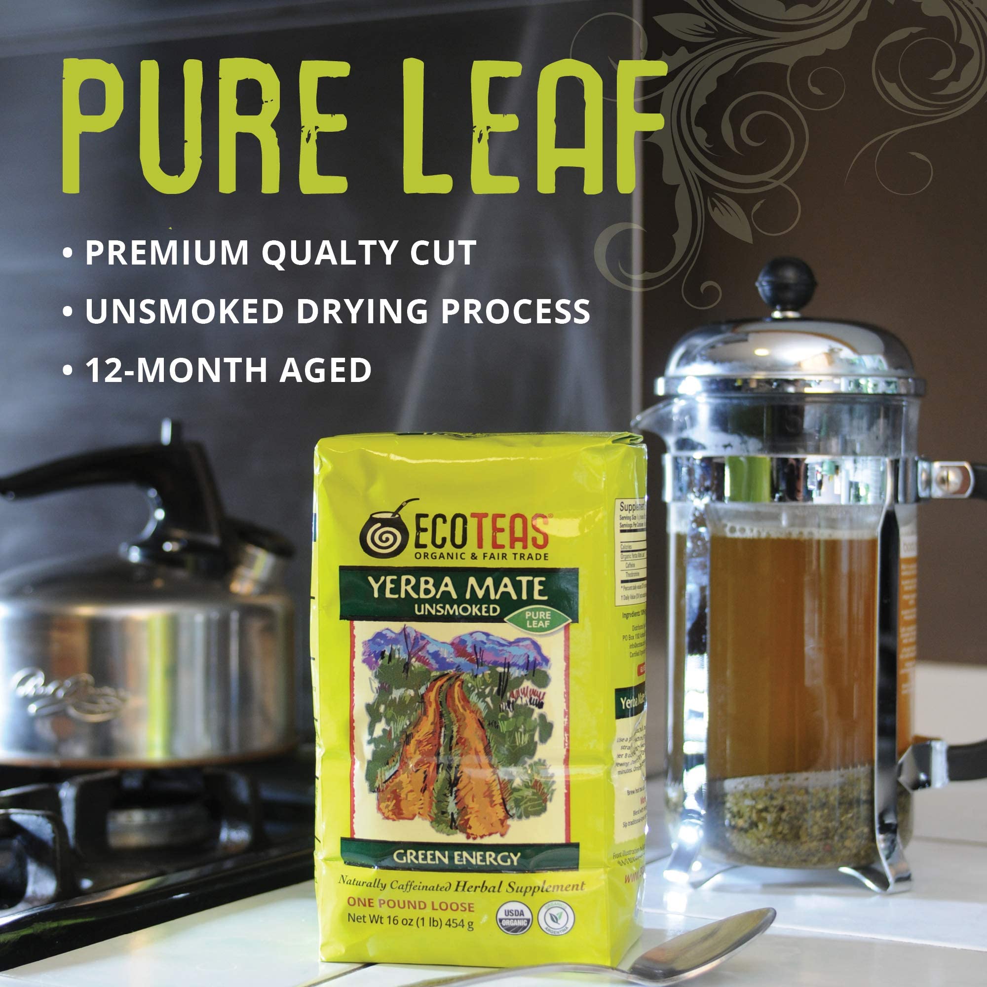 ECOTEAS Organic Yerba Mate Loose Leaf Tea - Natural Energy & Detox Herbal Tea - Caffeine Alternative - Kosher, Non-GMO, Gluten-Free - Unsmoked Pure