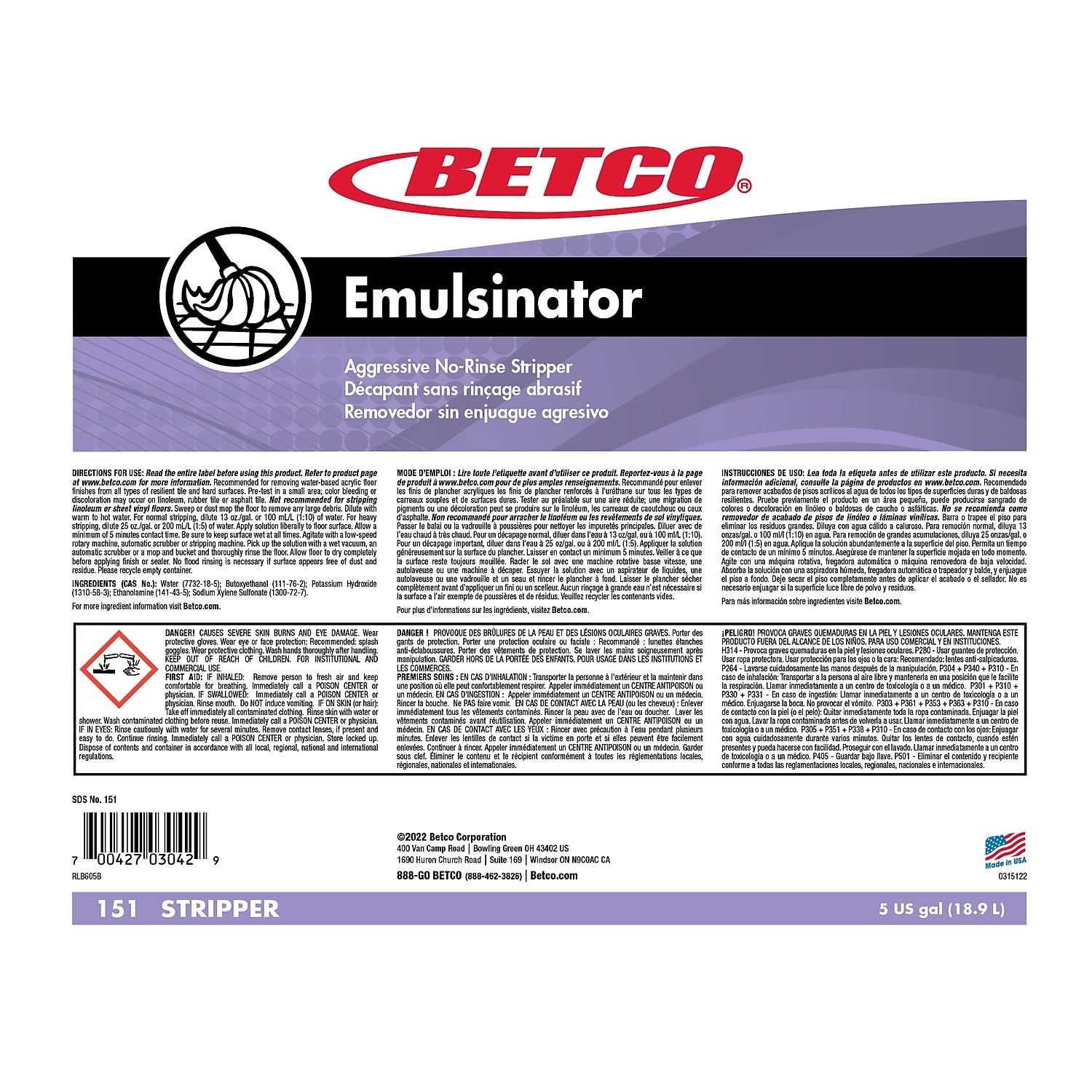 Betco Emulsinator Floor Stripper, Sassafras Scent, 5 Gal. (151B500)