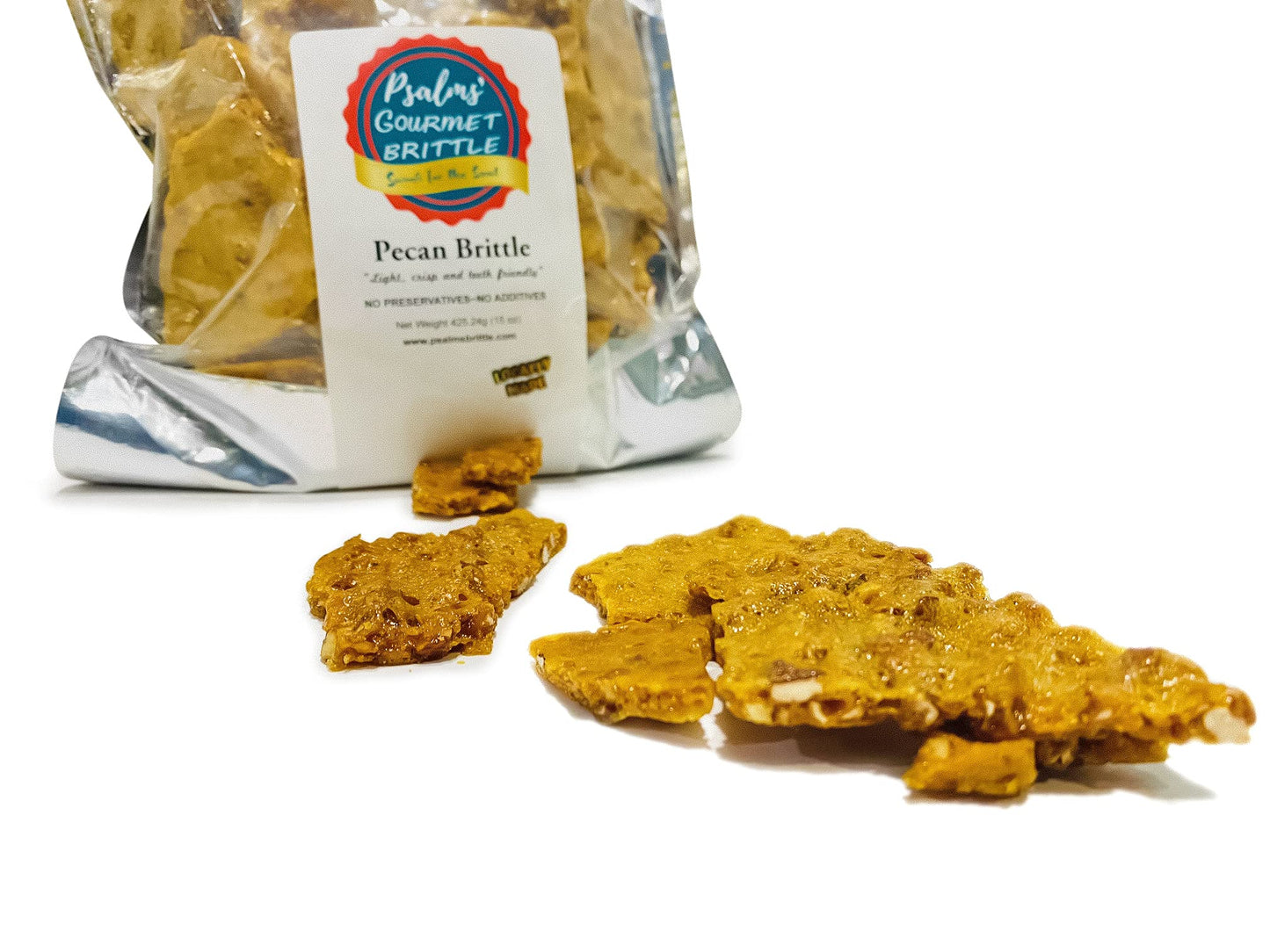 PSALMS' GOURMET BRITTLE Psalms Gourmet Brittle, Pecan Light and Crispy, Teeth Friendly, Homemade style. 1 pound of brittle ,16 Ounces