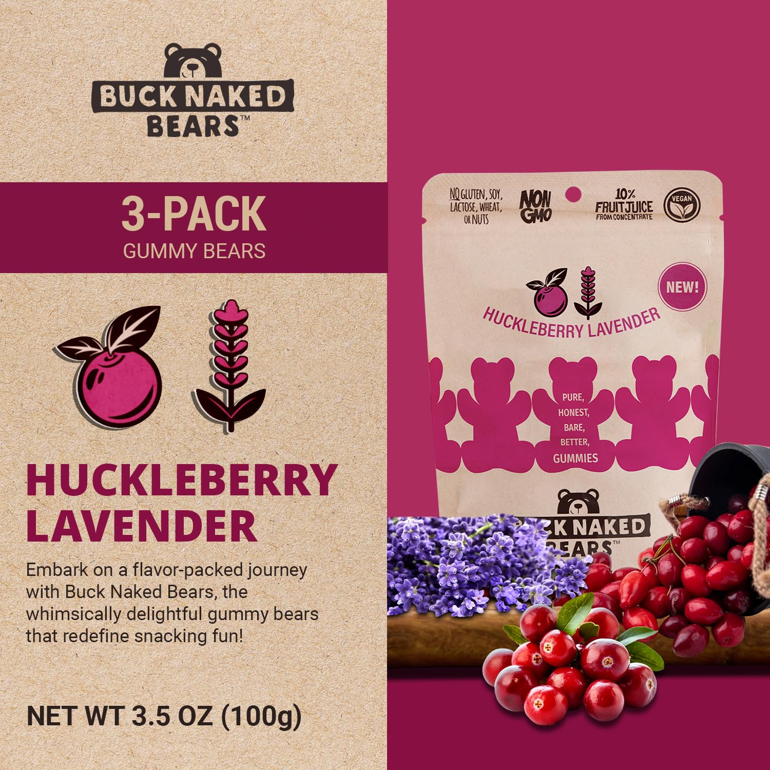 Buck Naked Bears - Huckleberry Lavender Gummy Bears - Soft, Smooth, and Sweeter Like a Fruit Snack - Plant-Based Gummies Good Snack Choice - Non-GMO