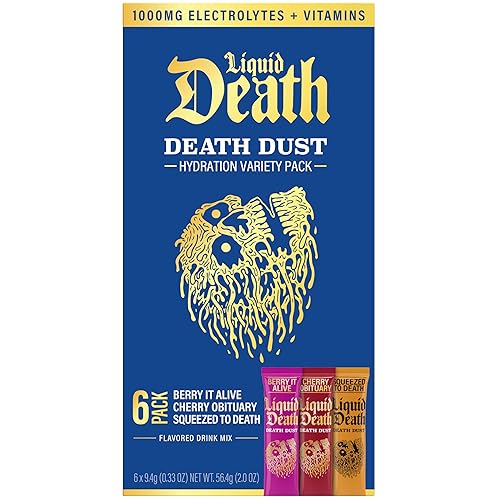 Liquid Death Electrolyte Death Dust, Berry It Alive, Cherry Obituary & Squeezed To Death Hydration Powder, Essential Vitamins Variety Packets, 6 pack
