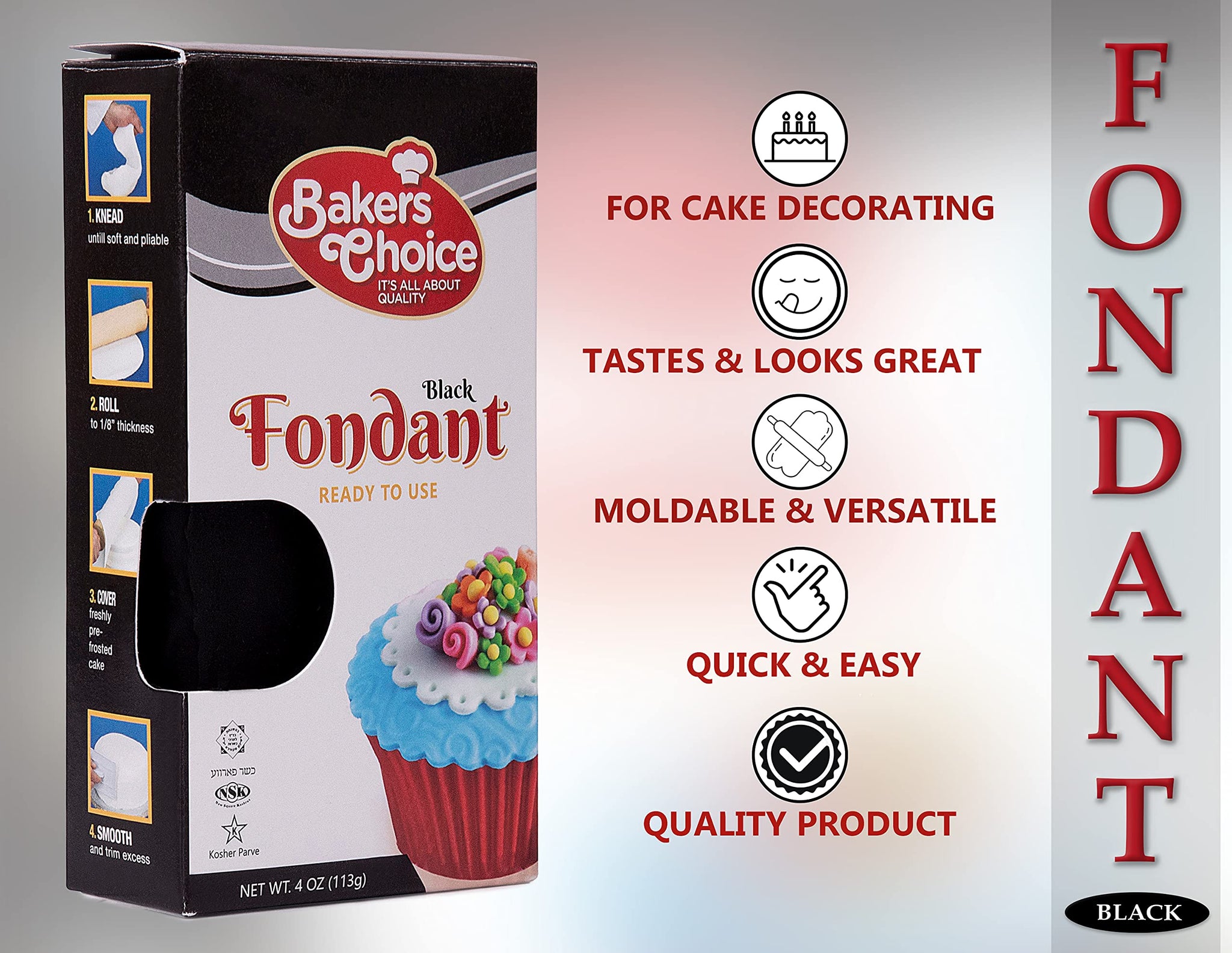 Baker's Choice Black Fondant Icing-4 oz.-Ready to Use Cake Decorating Frosting-Easy To Roll,Moldable,Kosher,Dairy Free,and Nut Free-Black Fondant