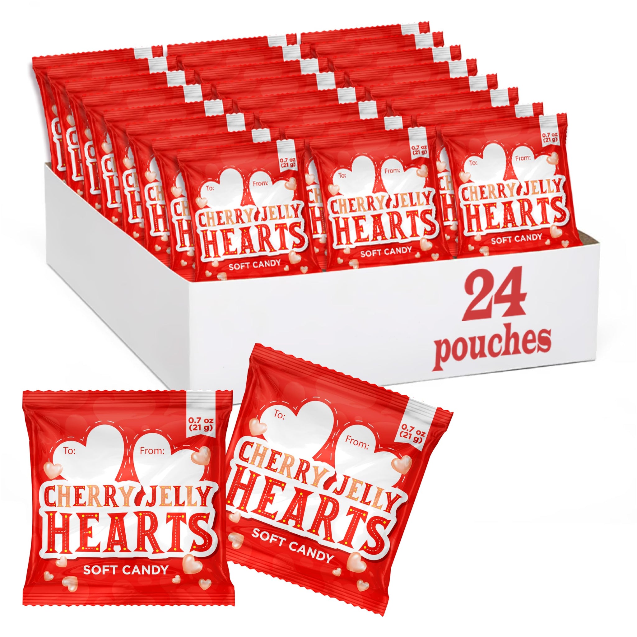 Cherry Hearts Jelly Candy - 24 Packs - Valentines Candy Individually Wrapped - Write-On To/From Pouches for Classroom Exchange - Jelly Hearts