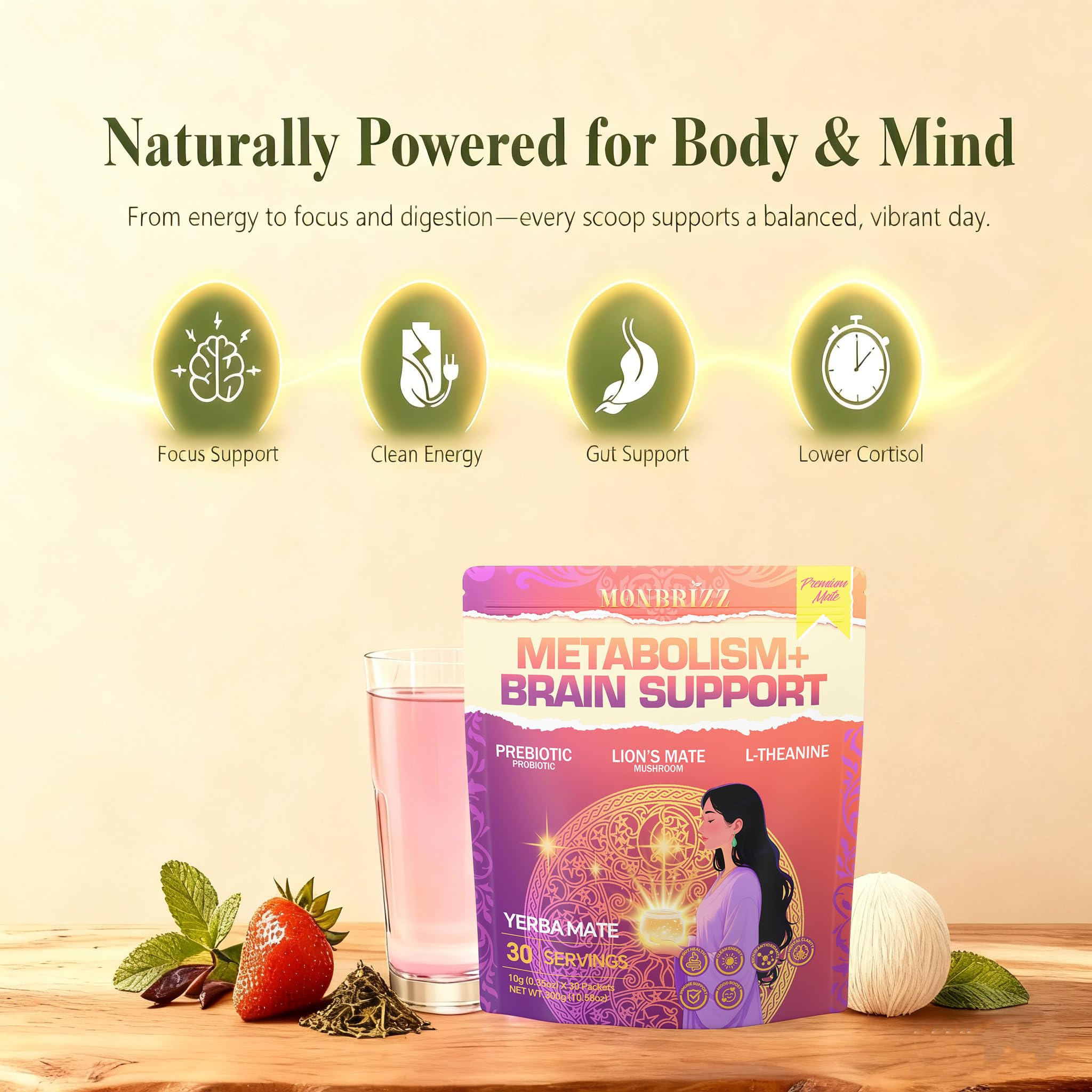 Monbrizz Instant Yerba Mate Powder - Coffee Alternative Energy Drink with Lion's Mane, L-Theanine, Probiotics & Prebiotics - Mental Clarity & Focus