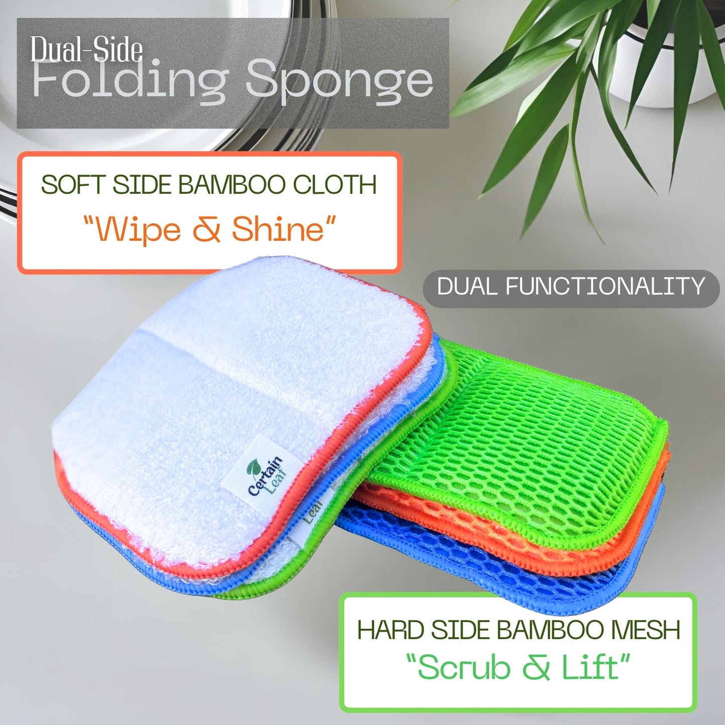 Certain Leaf Foldable Dish Sponge - Thin Dual-Sided with Mesh Scrubber and Rayon derived from Bamboo Reusable Non-Scratch Kitchen Sponge