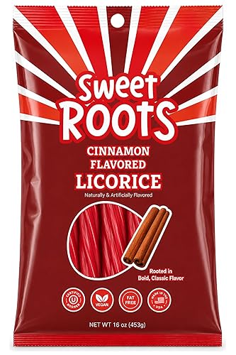 Sweet Roots Cinnamon Licorice Twists - 1 Bag (16 oz) - Jumbo Size Licorice Sticks | Vegan, Fat Free, Kosher | Soft Gourmet Licorice Candy