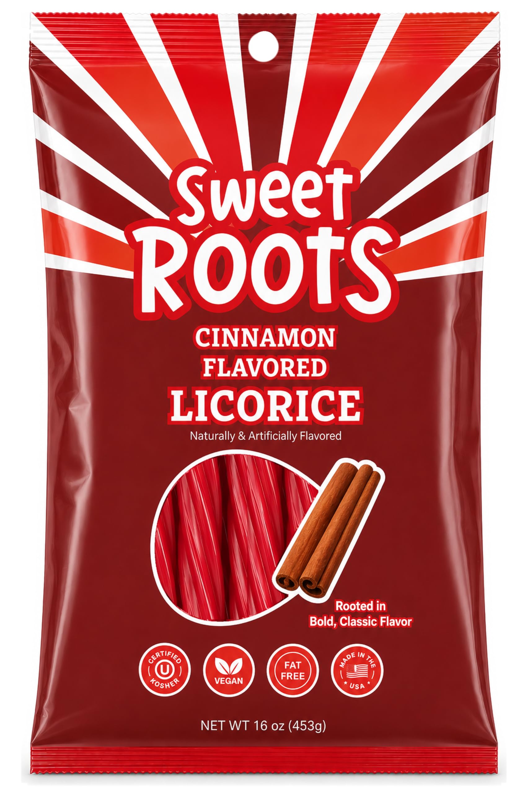 Sweet Roots Cinnamon Licorice Twists - 1 Bag (16 oz) - Jumbo Size Licorice Sticks | Vegan, Fat Free, Kosher | Soft Gourmet Licorice Candy