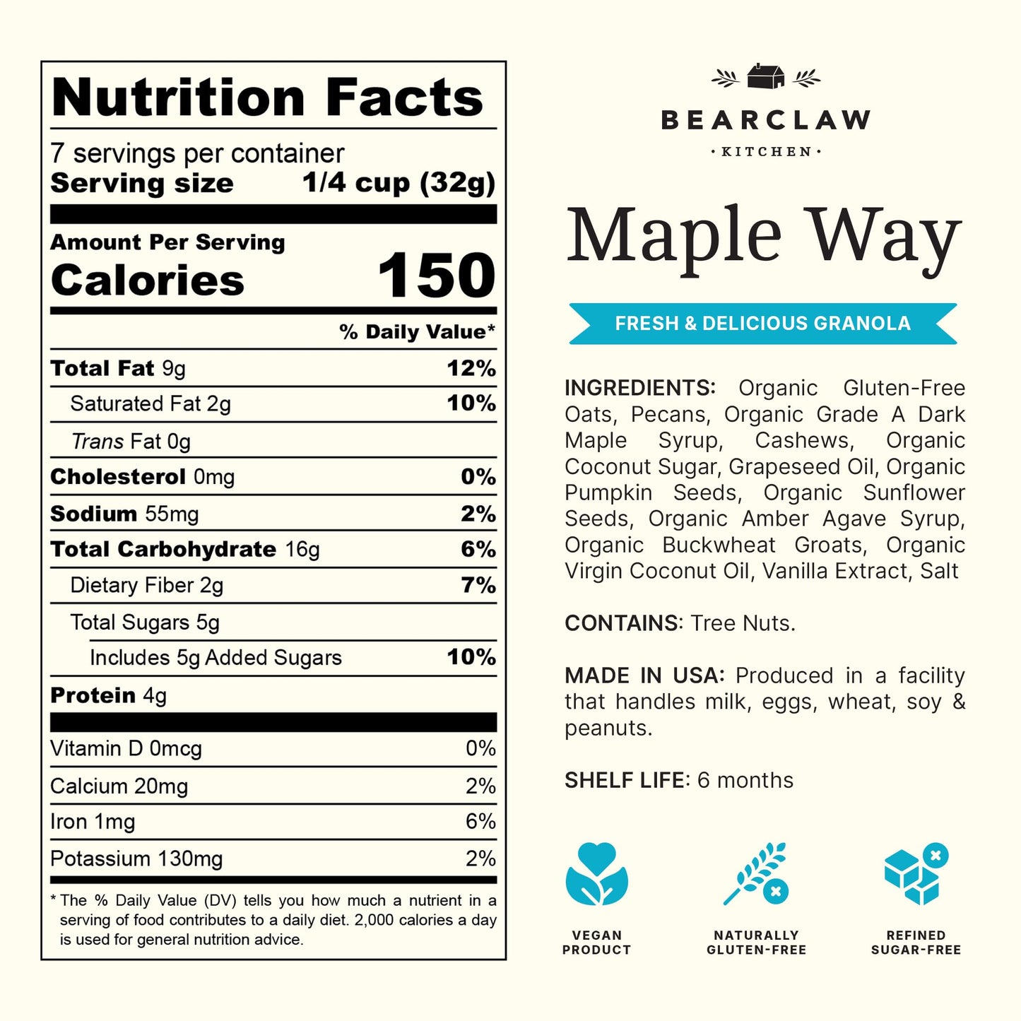 Bearclaw Kitchen - Maple Way Granola - Naturally Gluten Free - Organic Oats, Pecans, Cashews, Organic Pumpkin Seeds, Buckwheat Groats - No Refined