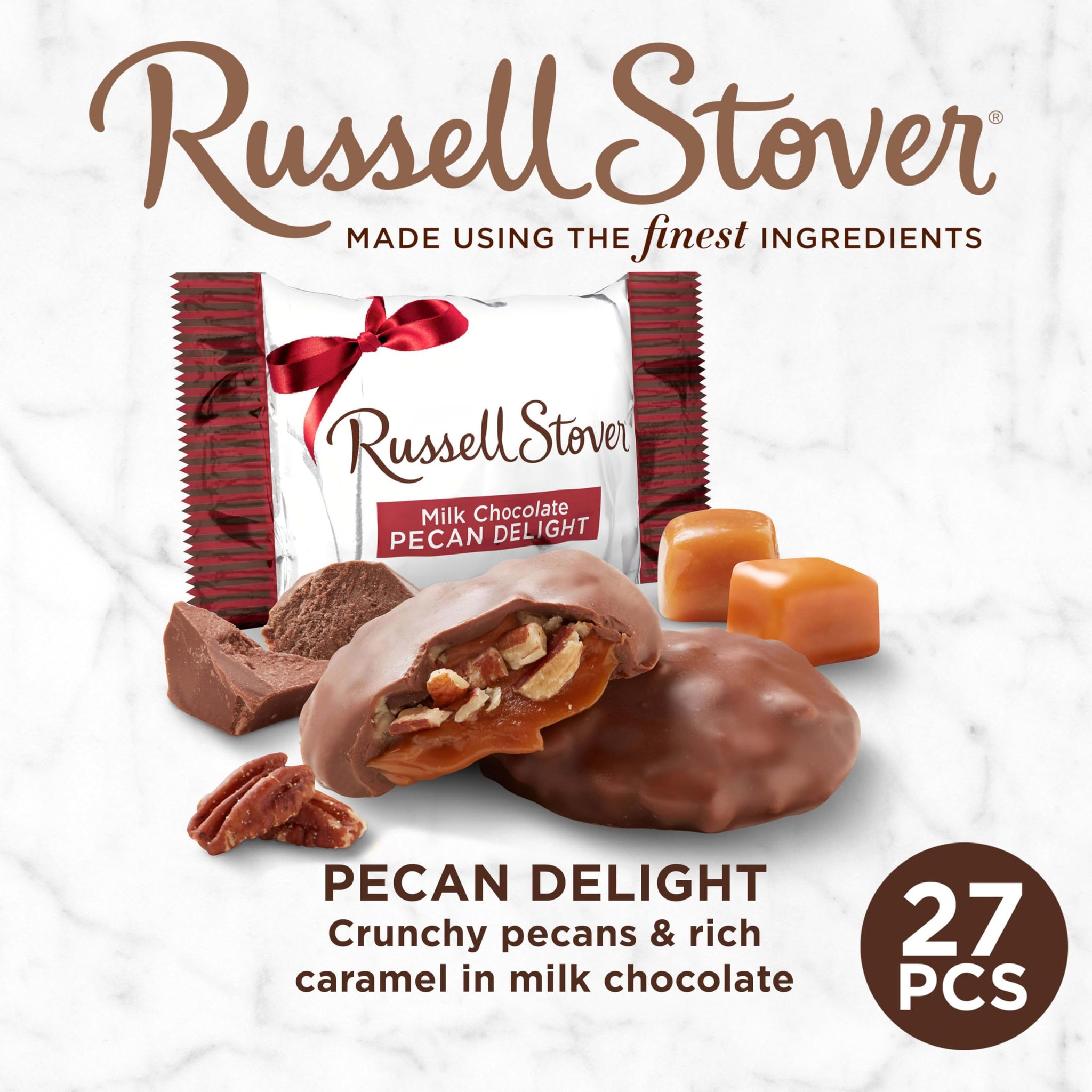 Russell Stover Pecan Delight Gusset Bag 16.10 Ounce Russel Stover Milk Chocolate Covered Candy Pack, Crunchy Pecans and Buttery Caramel Covered In
